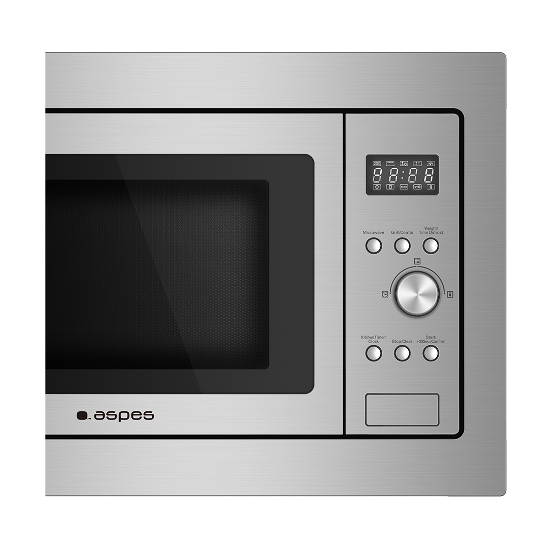 Un horno microondas empotrable plateado con pantalla digital y botones de control.