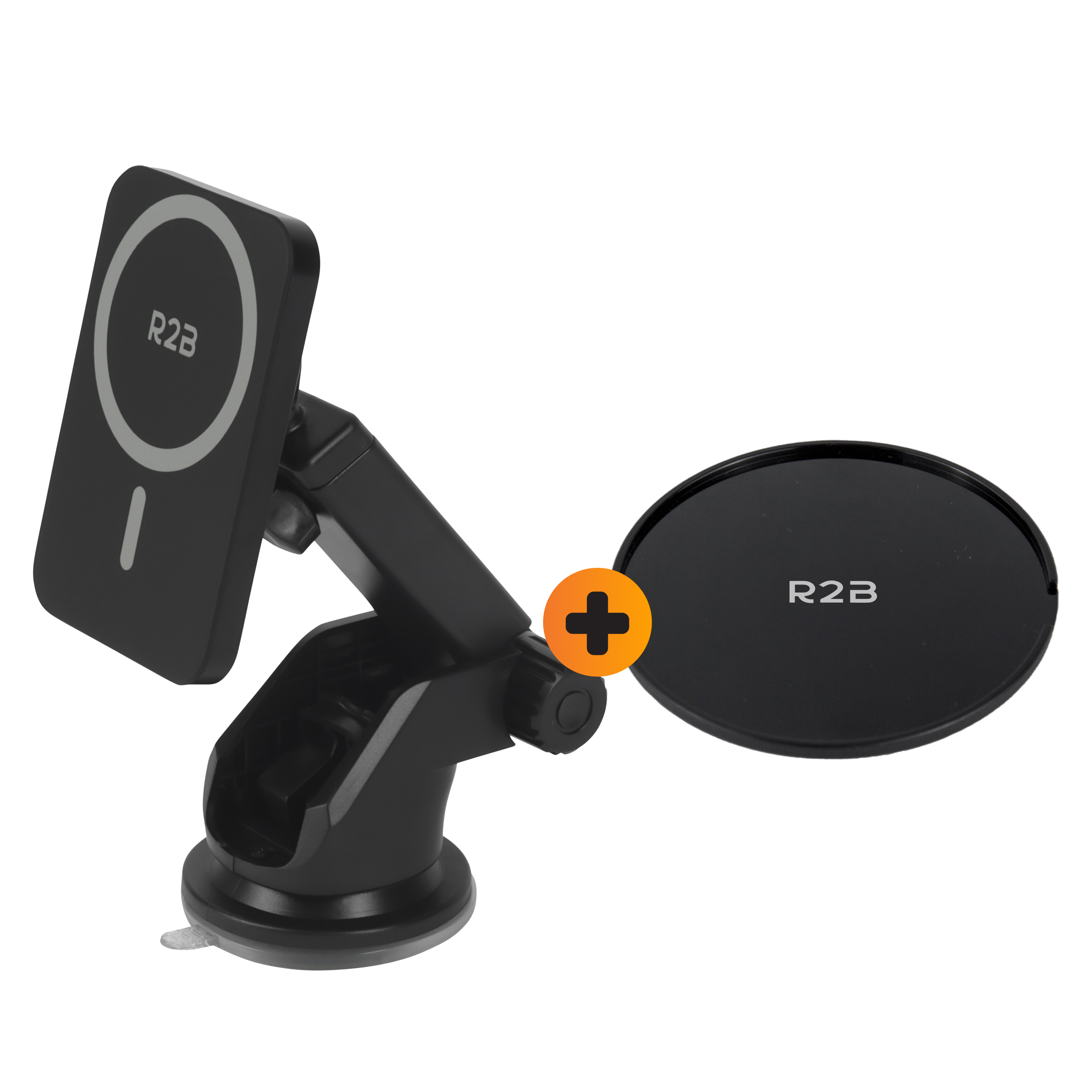 Zwarte telefoonhouder met zuignap en oplaadplaat, R2B logo.