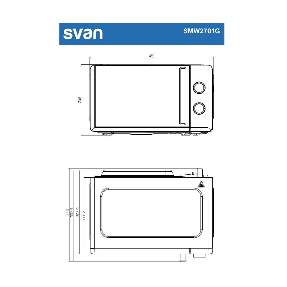 Disegno tecnico di un forno a microonde Svan SMW2701G con dimensioni.