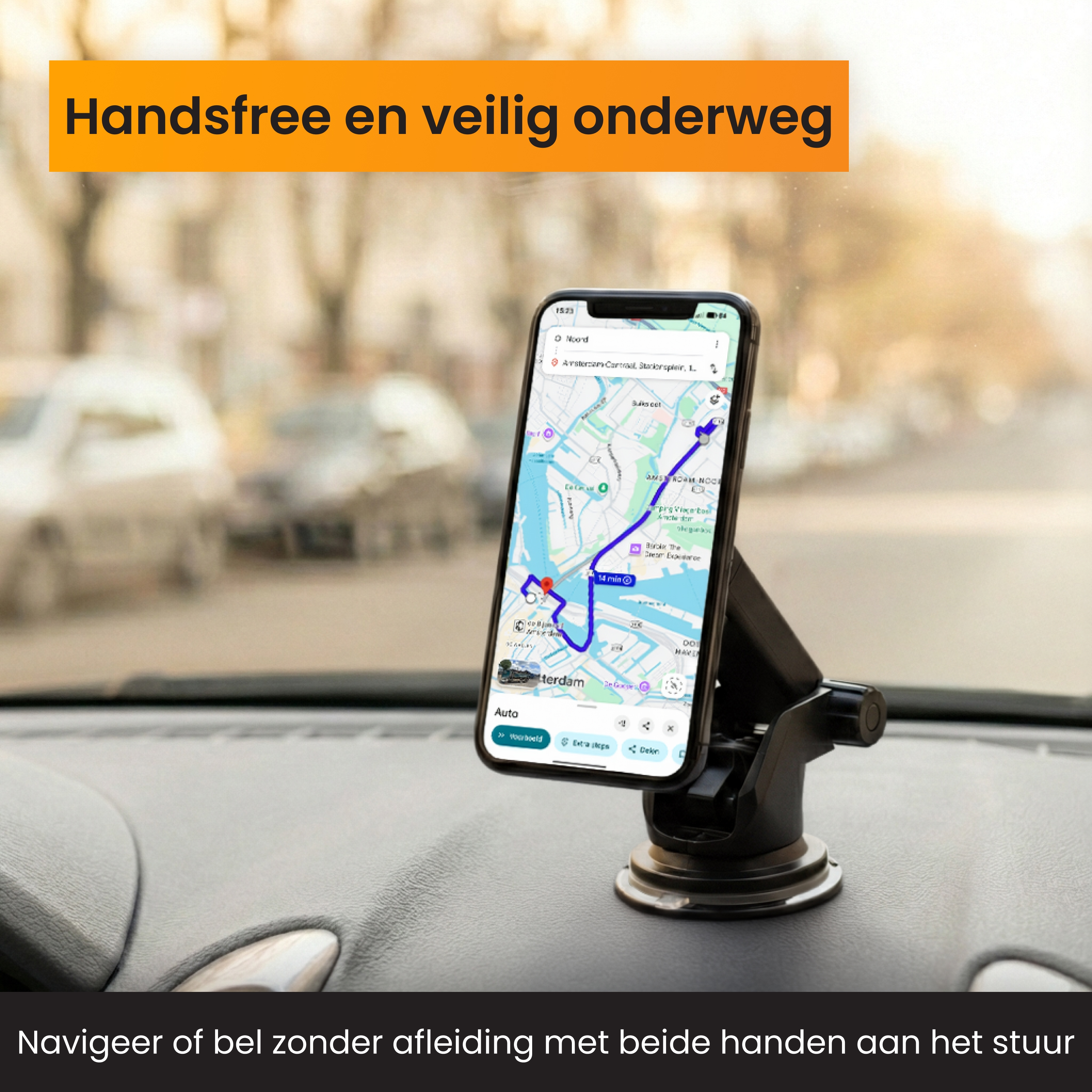 Een smartphone met navigatie-app is gemonteerd op een autohouder.