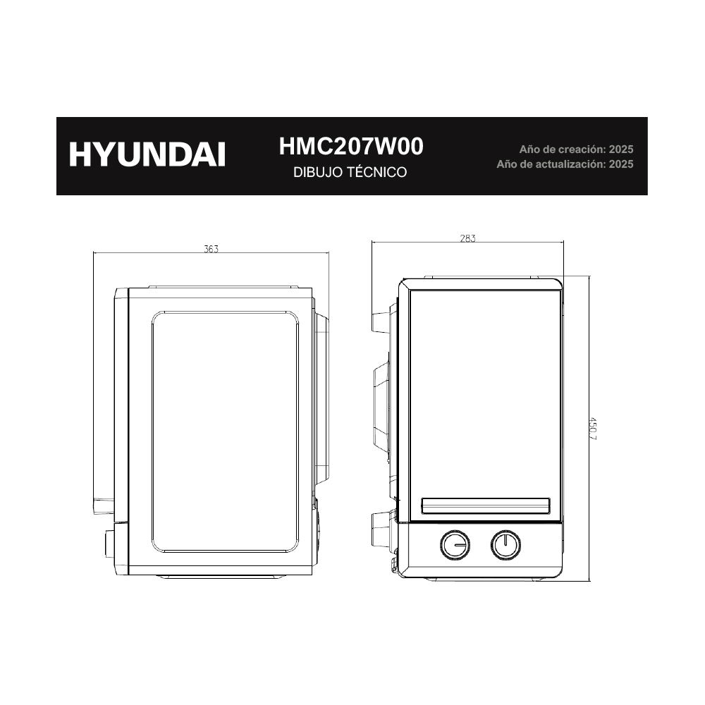 Dibujo técnico de un aparato Hyundai con dimensiones.