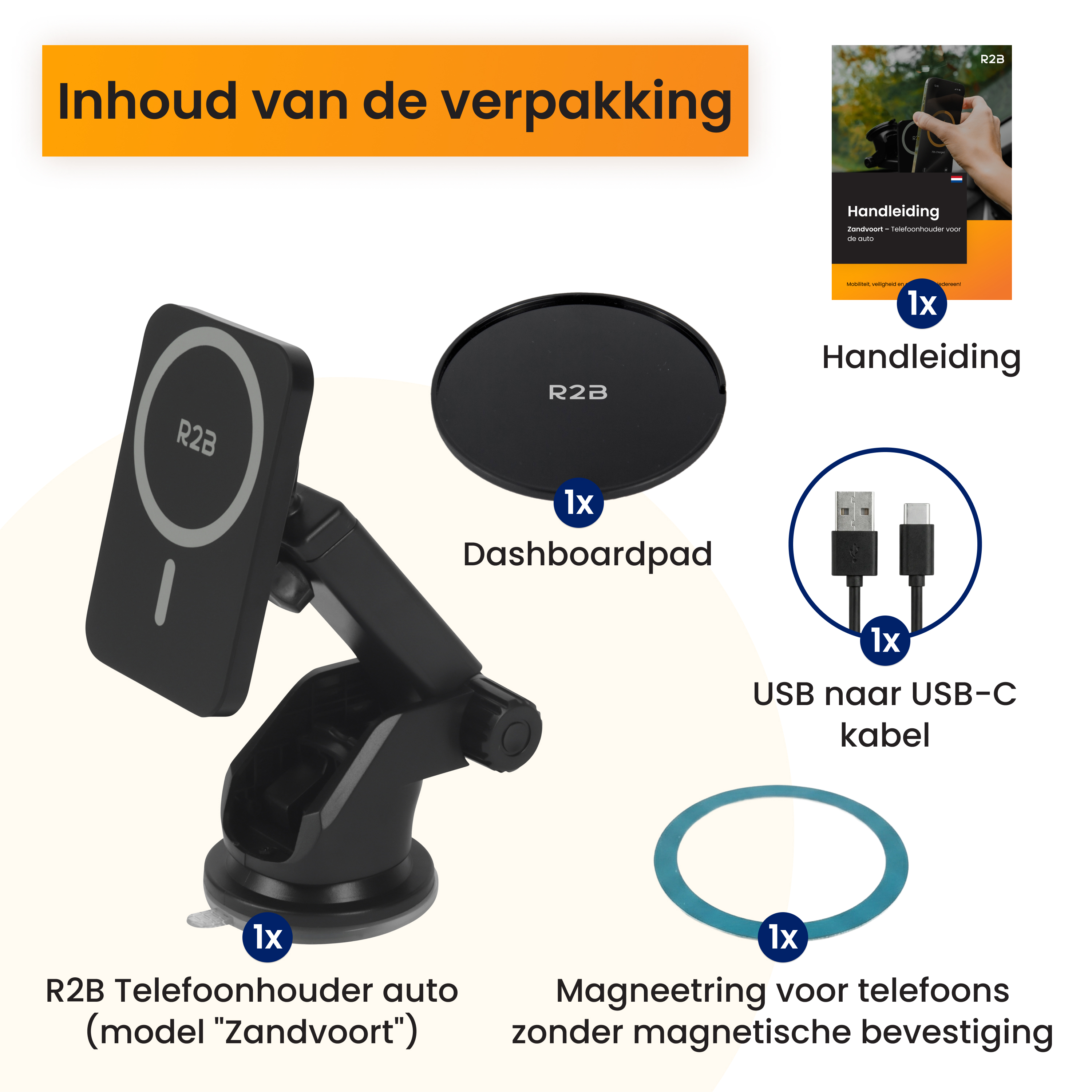 Inhoud van de verpakking: Telefoonhouder, dashboardpad, USB-C kabel, handleiding.