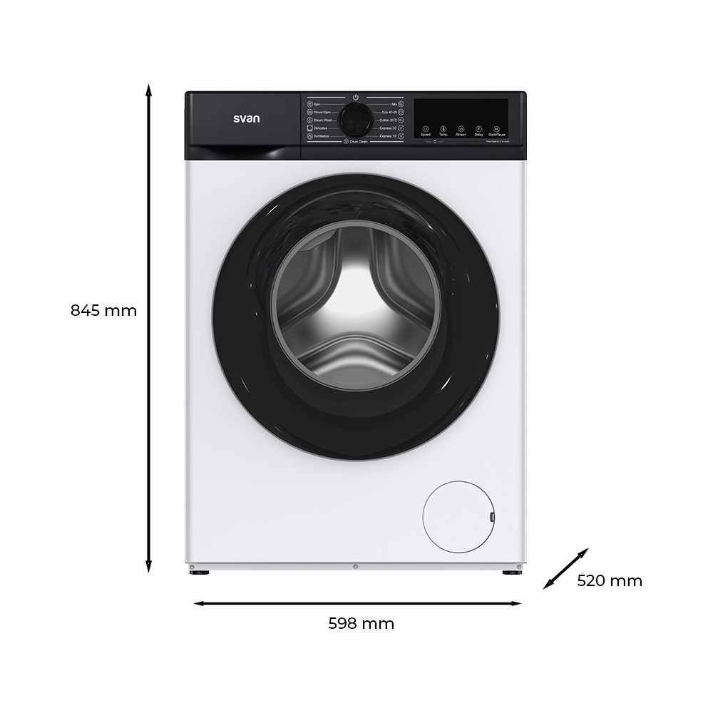 Lavadora blanca con puerta y panel de control negros. Se muestran las dimensiones.