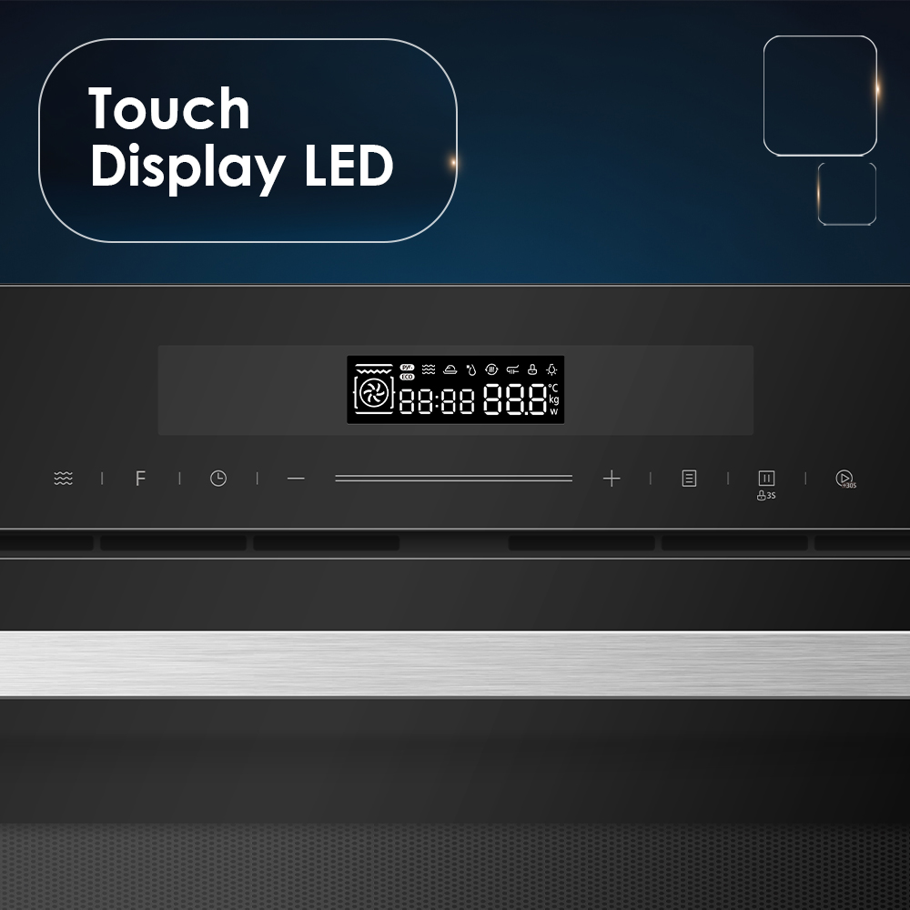 Primer plano de una pantalla LED táctil con iconos y números.