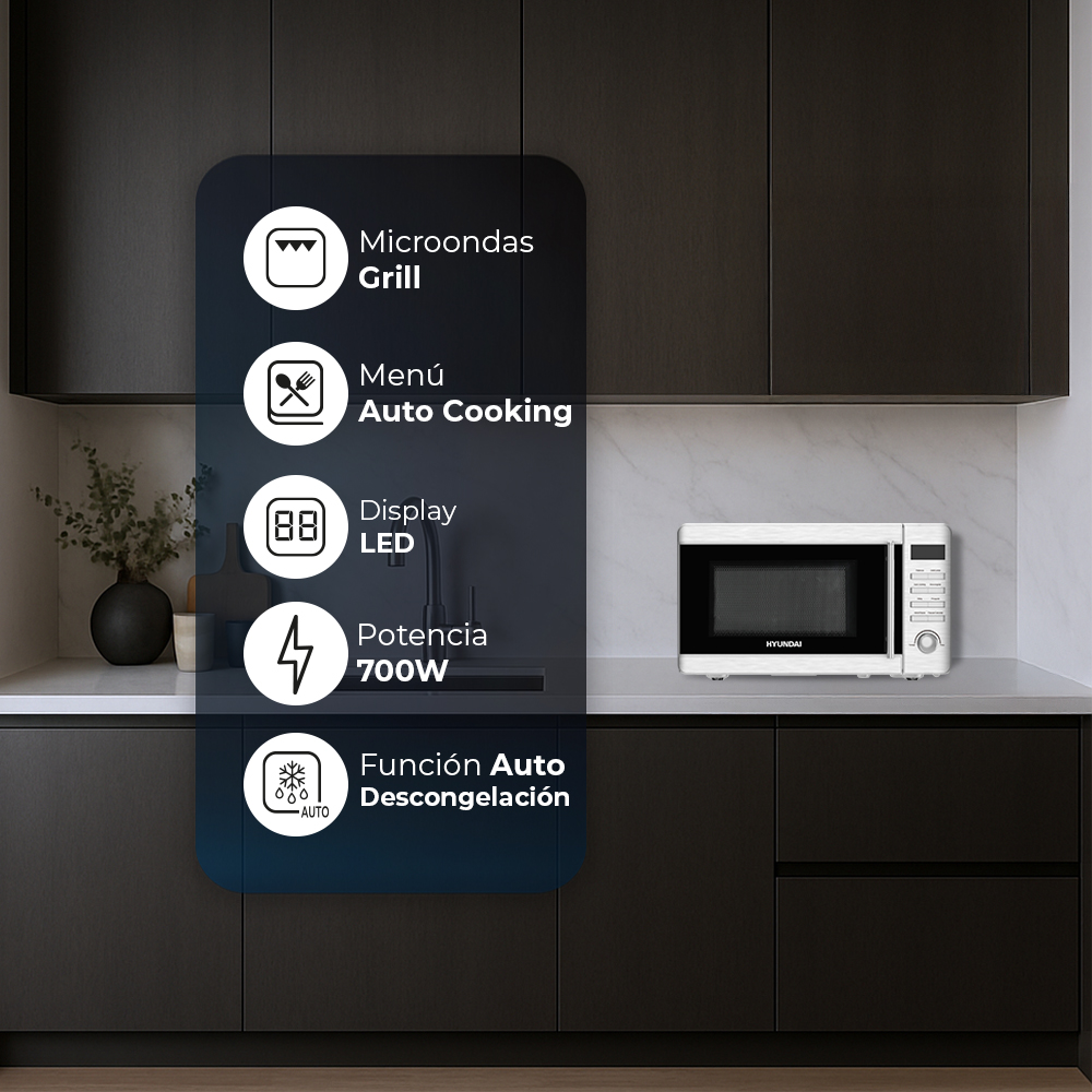 Microondas blanco con grill, pantalla LED y 700W. Funciones auto.
