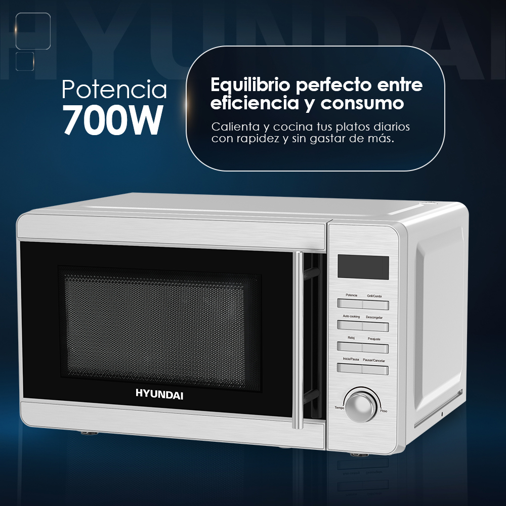 Microondas Hyundai blanco con detalles plateados y panel de control.