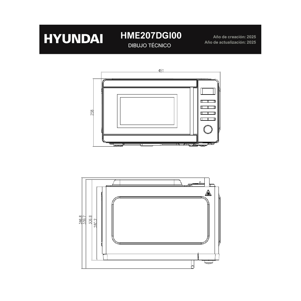 Dibujo técnico de microondas Hyundai, vistas frontal y lateral con medidas.