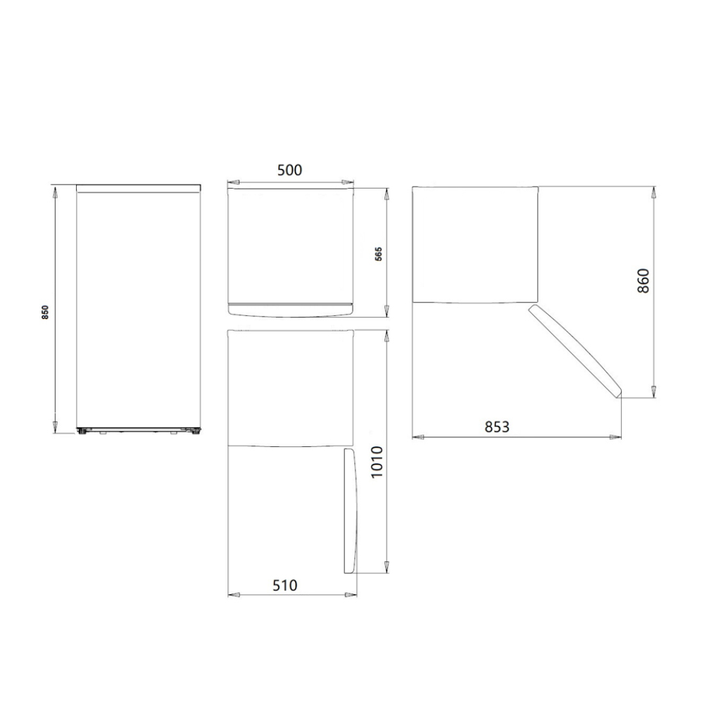 Dibujo técnico de un frigorífico con dimensiones.