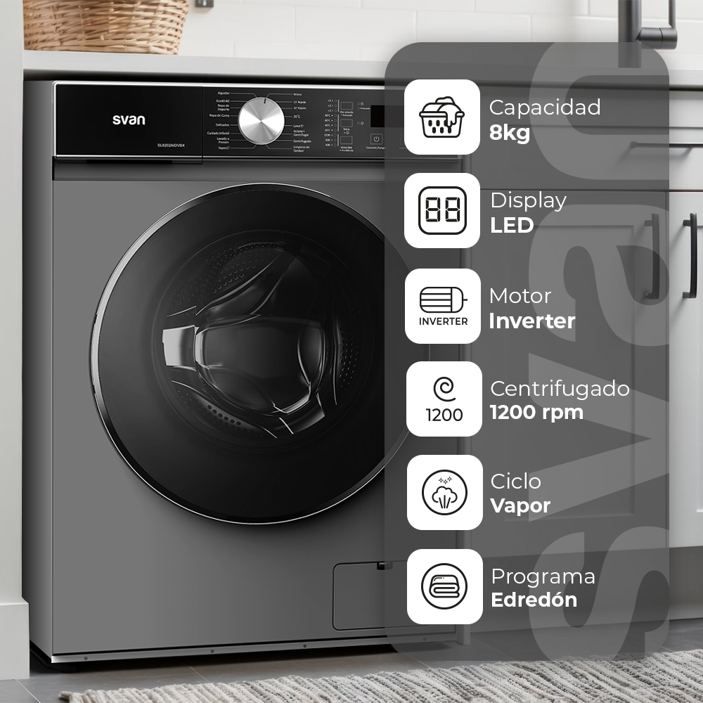 Lavadora gris con panel de control, tambor e iconos de capacidad, pantalla, motor, centrifugado, vapor.