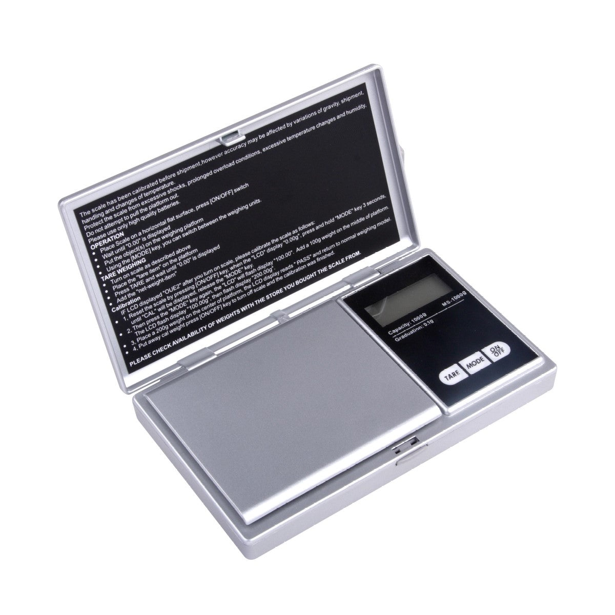Bilancia digitale argentata con display LCD nero e manuale di istruzioni.