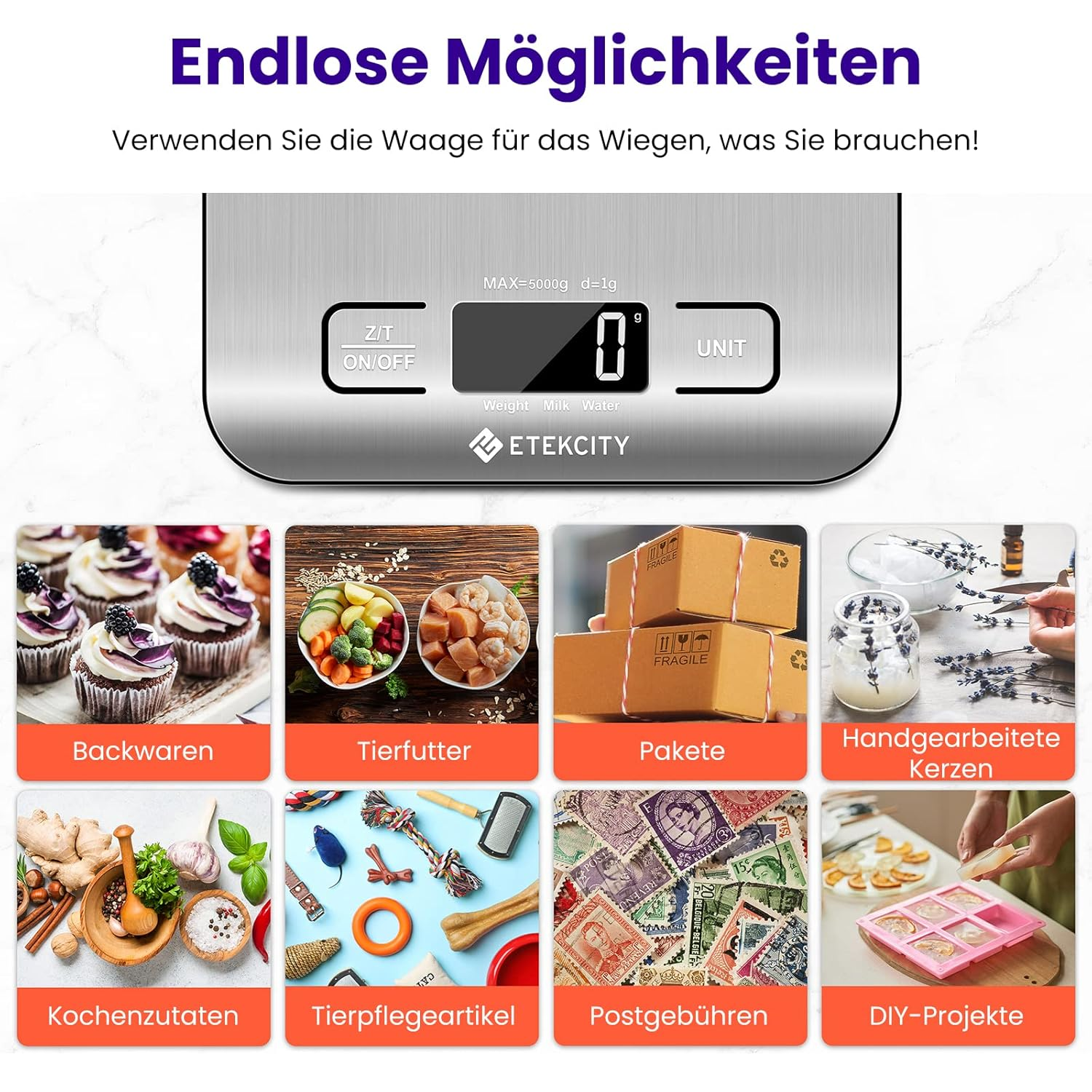 Eine digitale Küchenwaage mit verschiedenen Anwendungsbildern darunter.