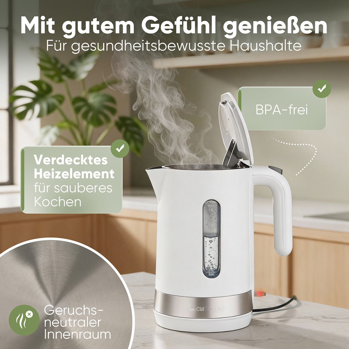 Ein weißer Wasserkocher mit Wasserdampf, BPA-frei und verdecktem Heizelement.
