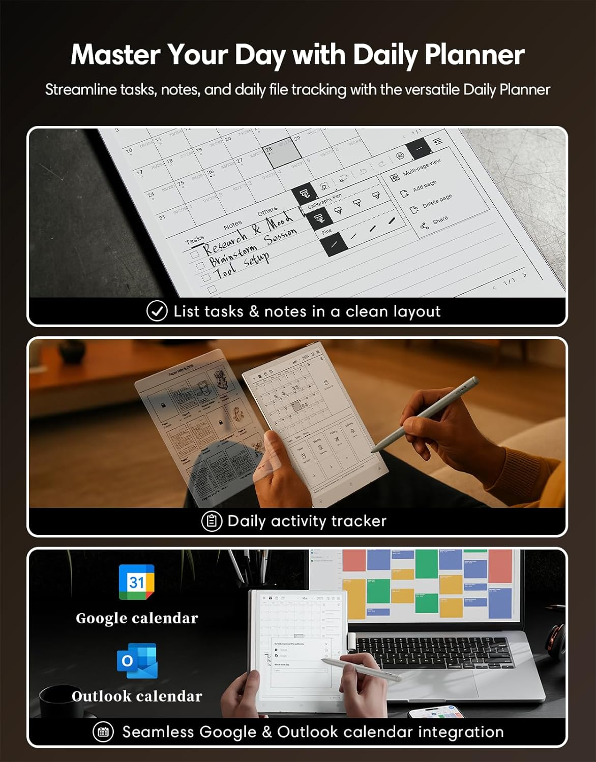 Un planner digitale che mostra calendario, attività, note e tracker giornaliero.
