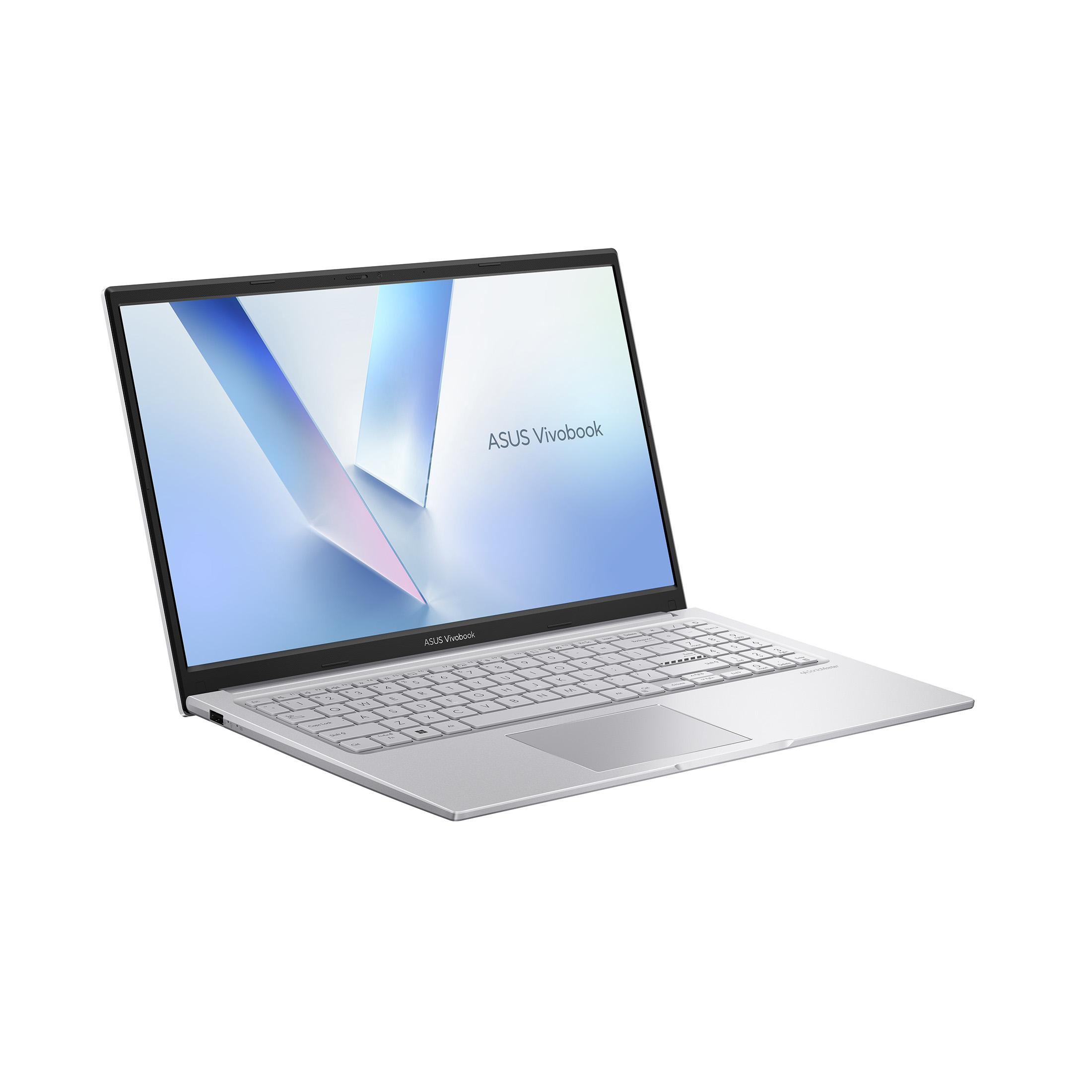 Ein silberner ASUS Vivobook Laptop mit beleuchteter Tastatur auf weißem Hintergrund.