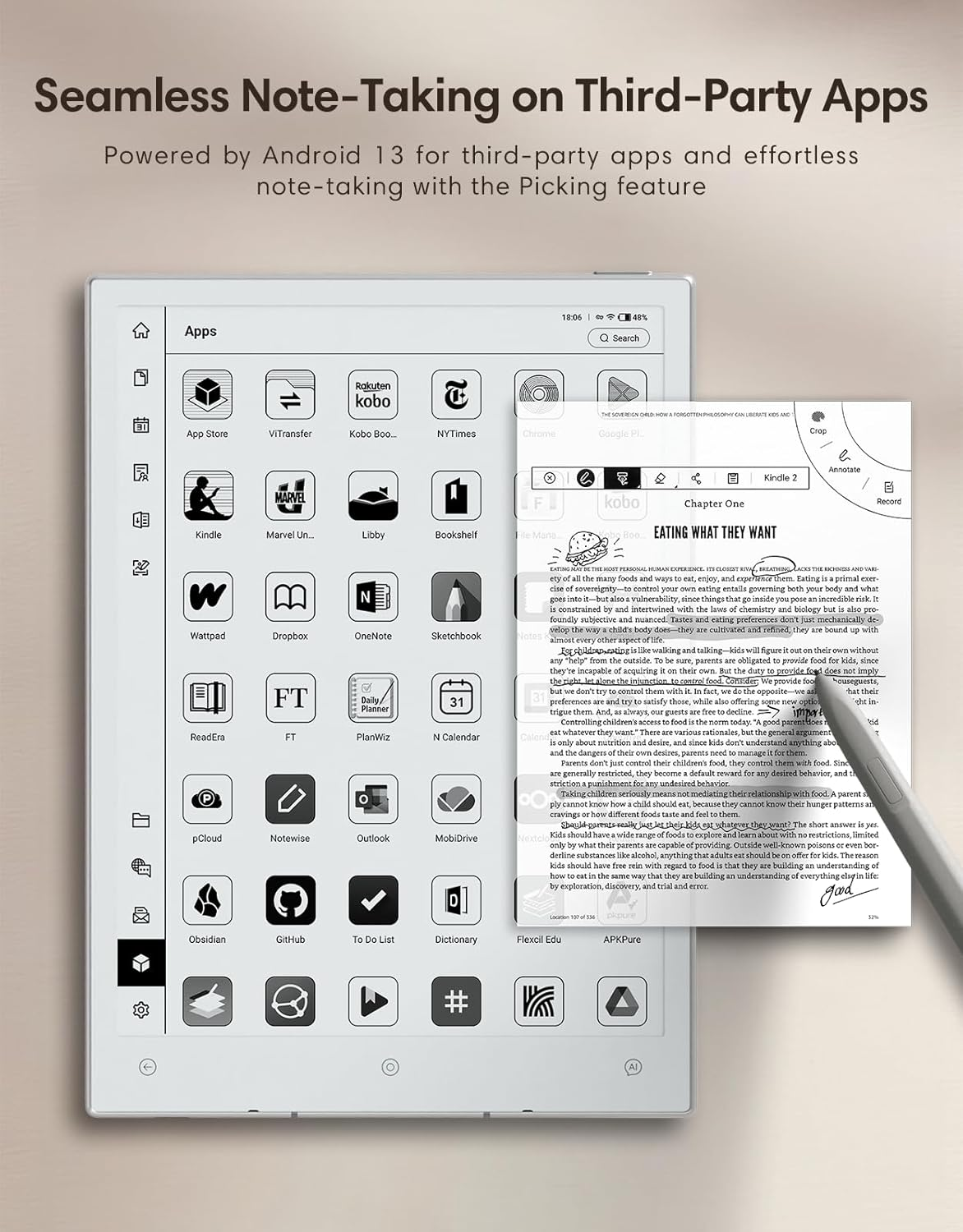 E-reader mostra app come Kindle, Kobo e funzioni note. Una penna è attiva.