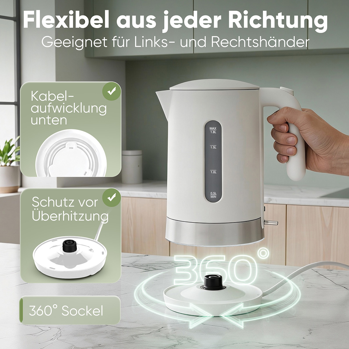 Ein weißer Wasserkocher auf einer Arbeitsplatte, mit Hinweisen zu Funktionen.