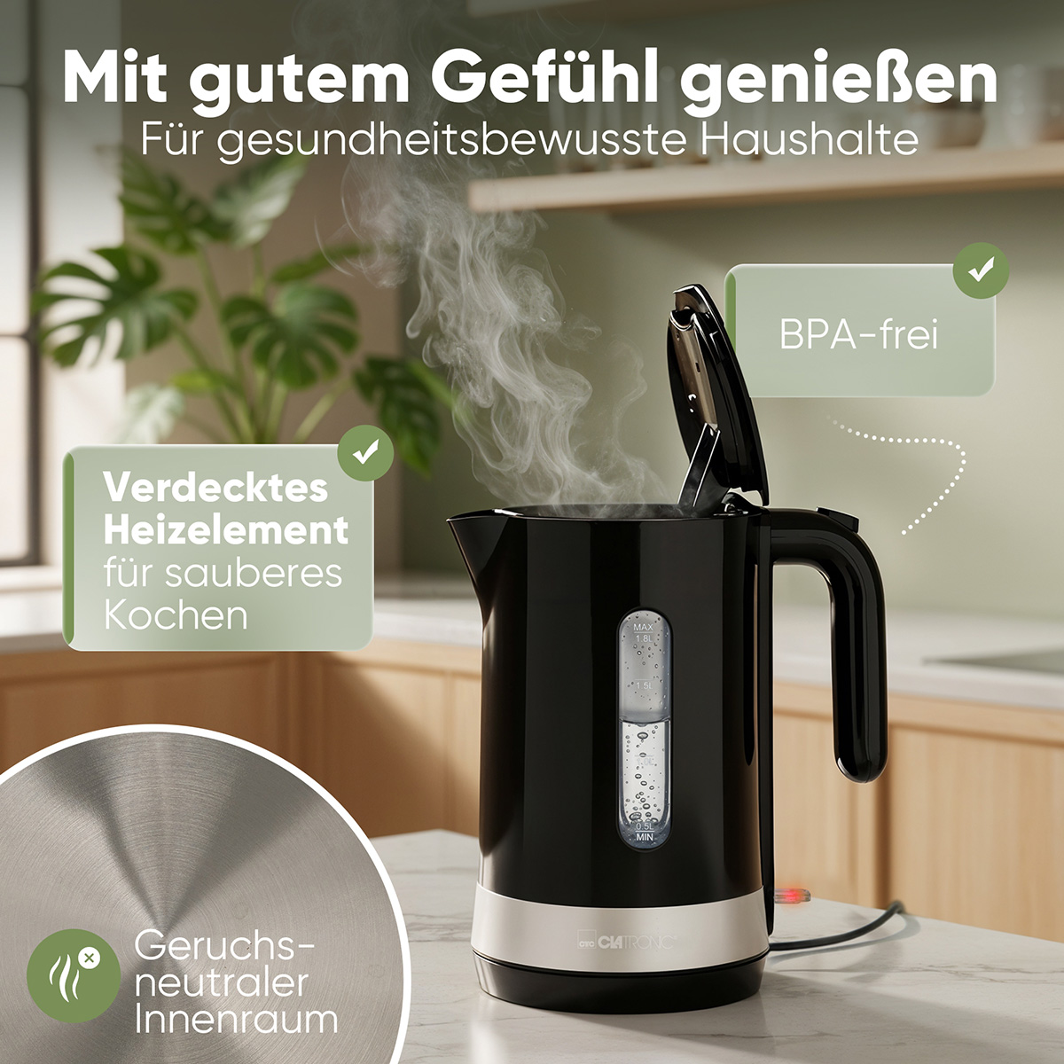 Ein schwarzer Wasserkocher dampft, mit deutschen Textfeldern zu BPA-frei.