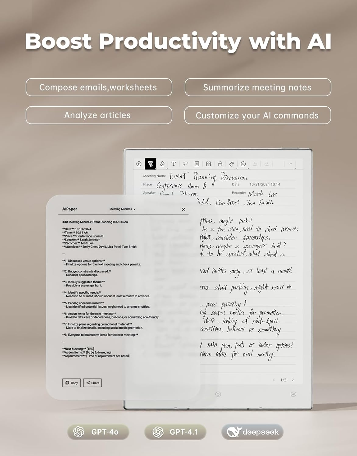 Un tablet visualizza un'app per appunti con verbali di riunione e note scritte a mano.