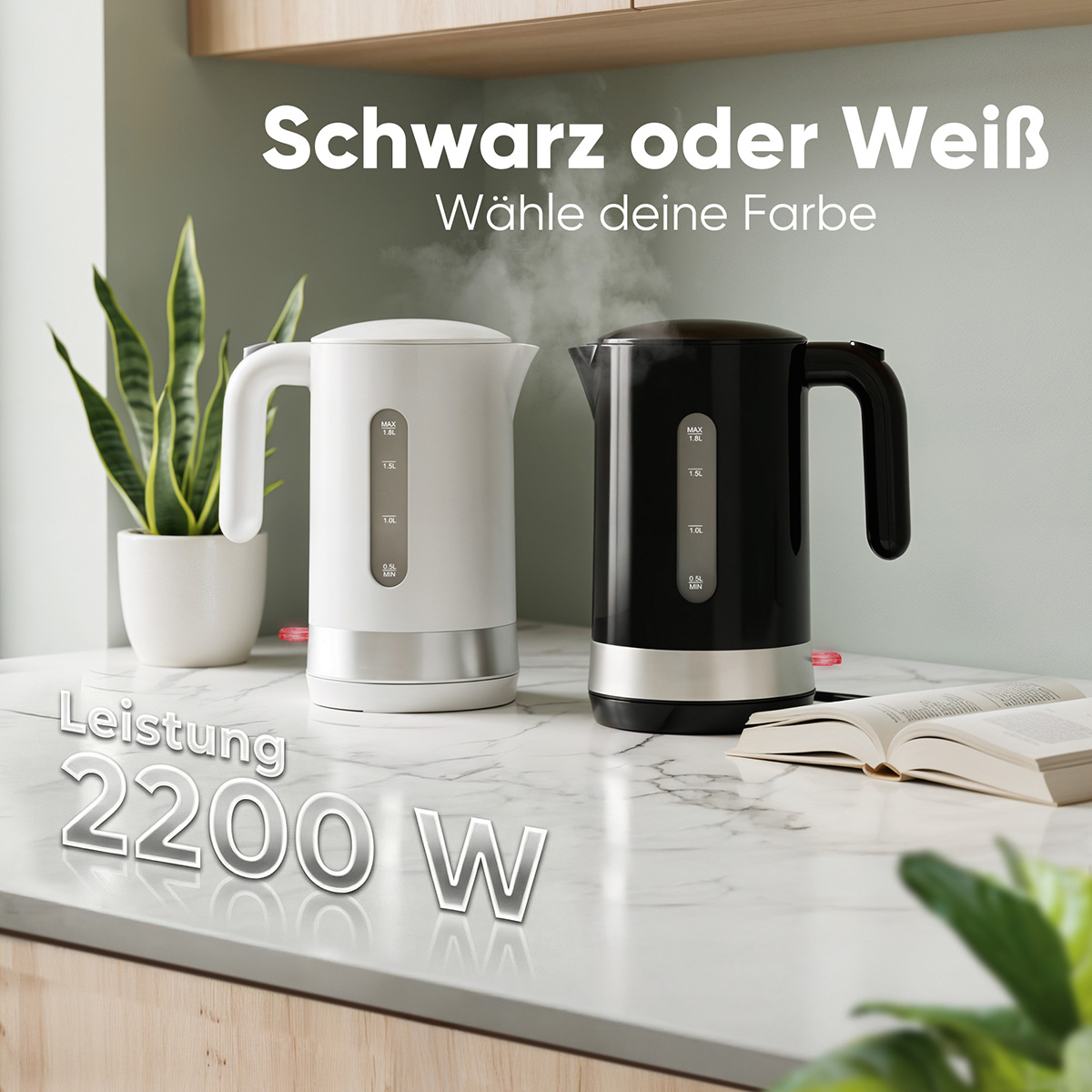 Zwei Wasserkocher, schwarz und weiß, auf Marmorplatte mit aufgeschlagenem Buch.