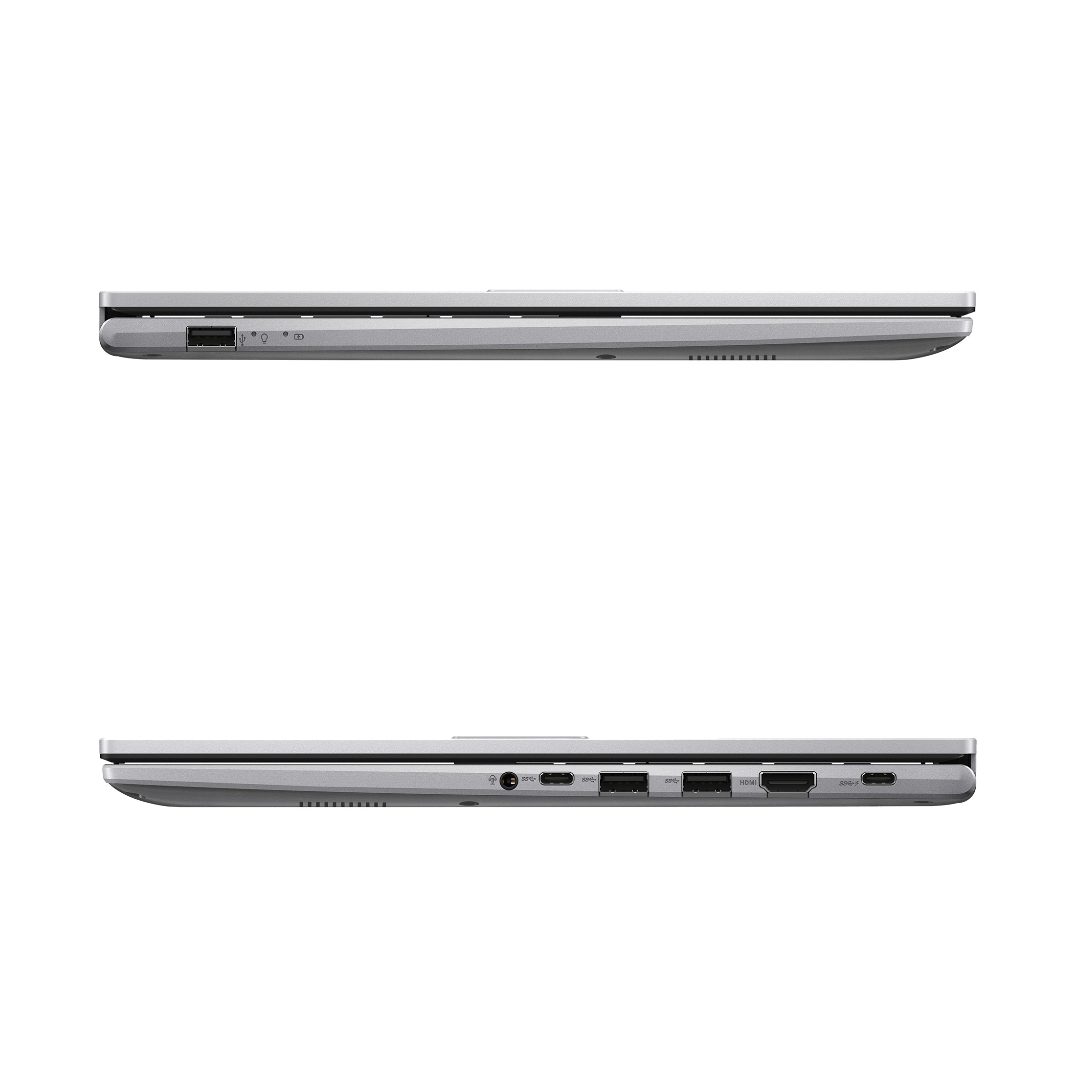 Silbernes Laptop mit Anschlüssen: USB, Kopfhörer, HDMI.