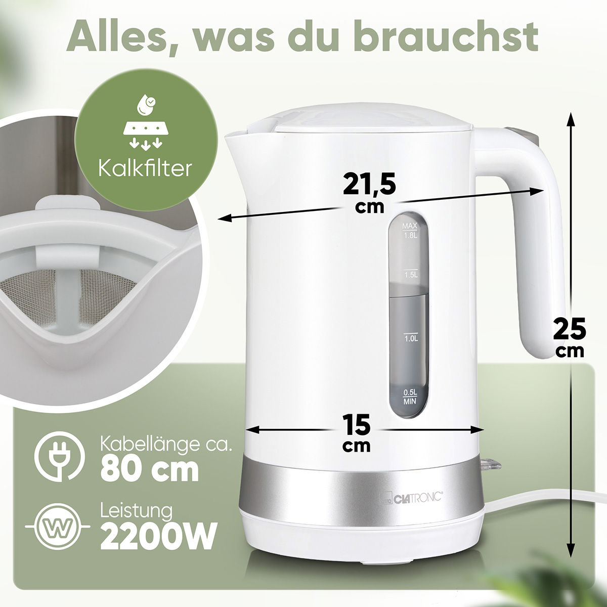 Ein weißer Wasserkocher mit Kalkfilter, 21,5cm breit, 25cm hoch, 15cm tief.