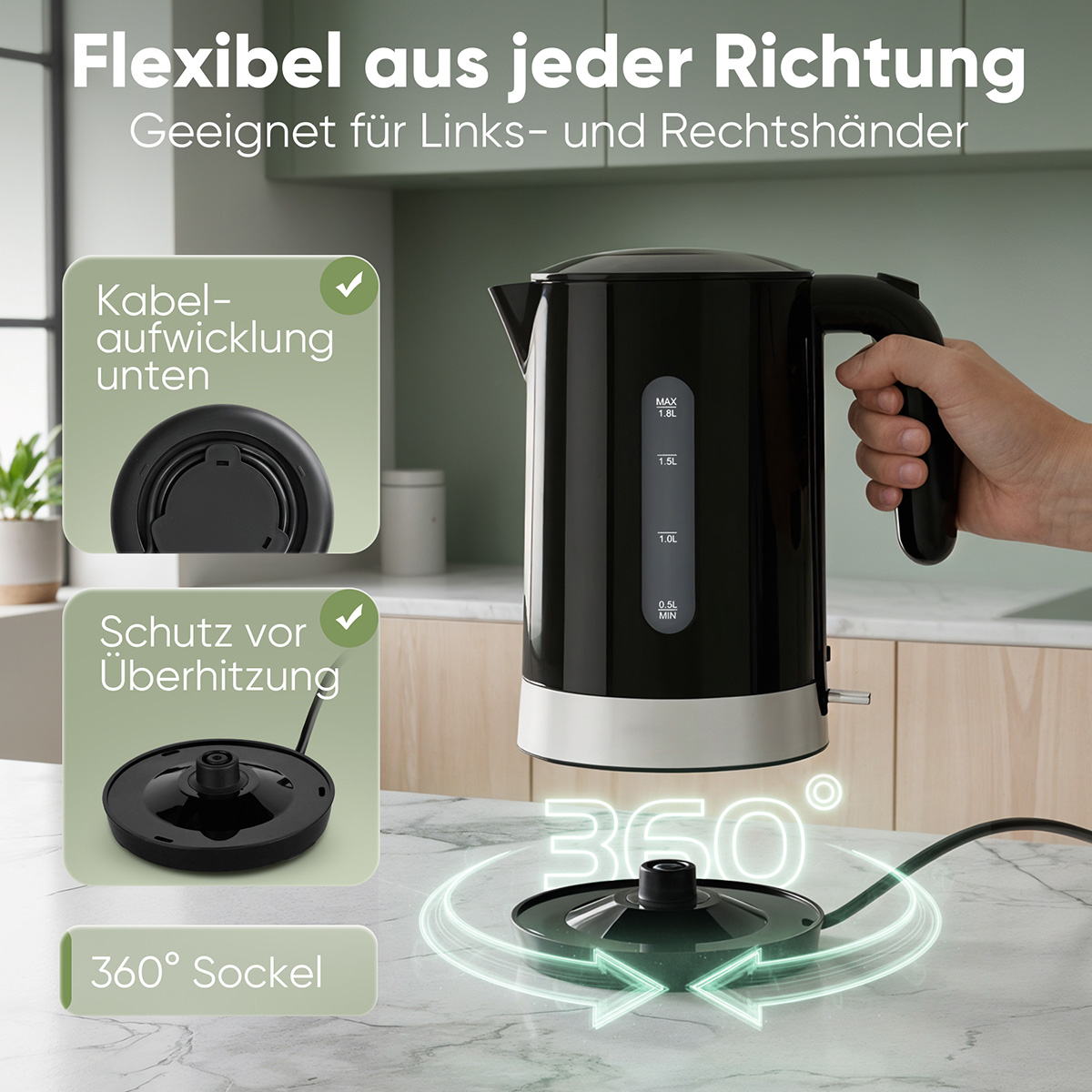 Schwarzer Wasserkocher mit 360° Sockel, Kabelaufwicklung und Überhitzungsschutz.