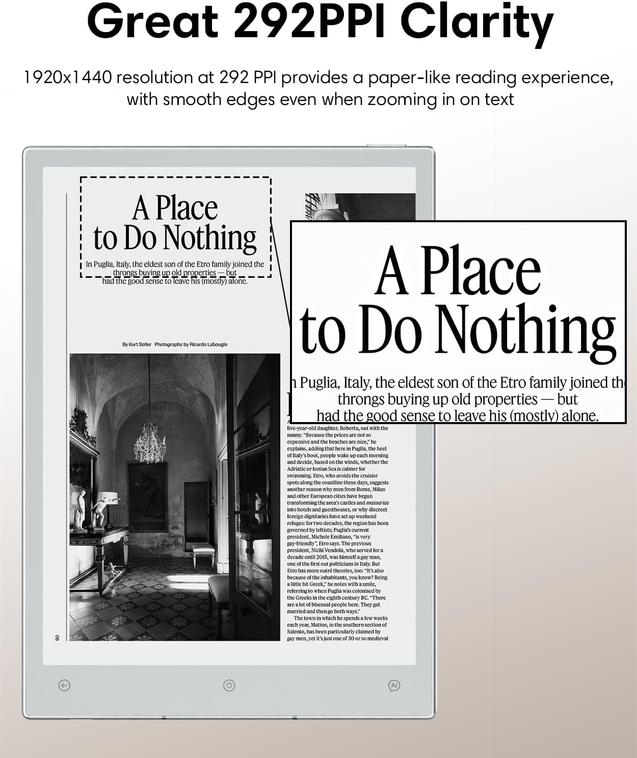 Un e-reader mostra l'articolo "A Place to Do Nothing" con un'immagine d'interni.