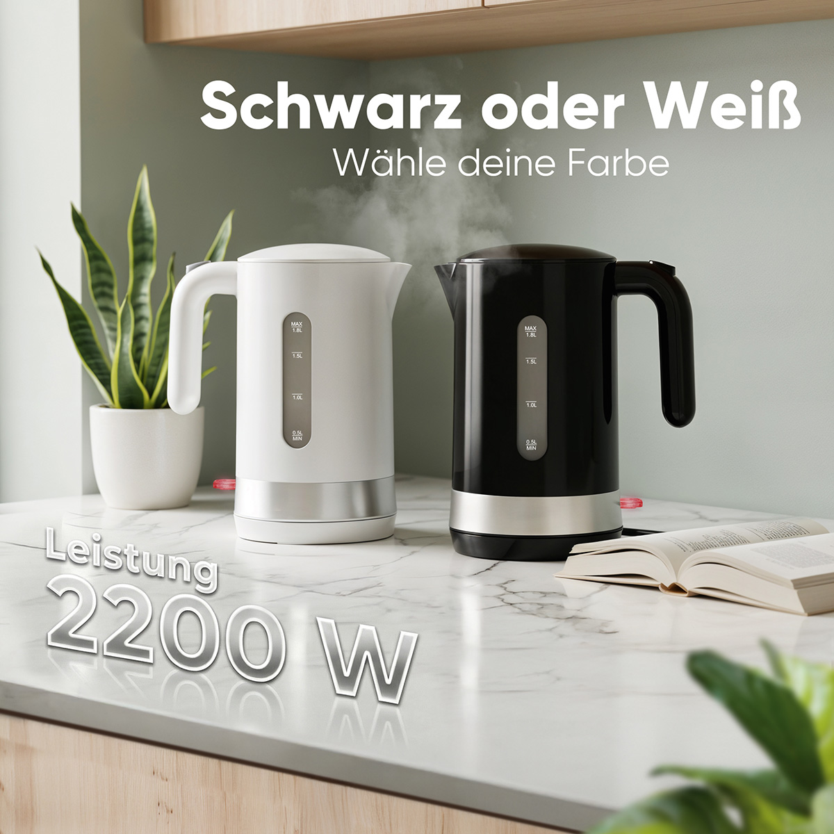 Zwei Wasserkocher, schwarz und weiß, auf Marmorplatte.