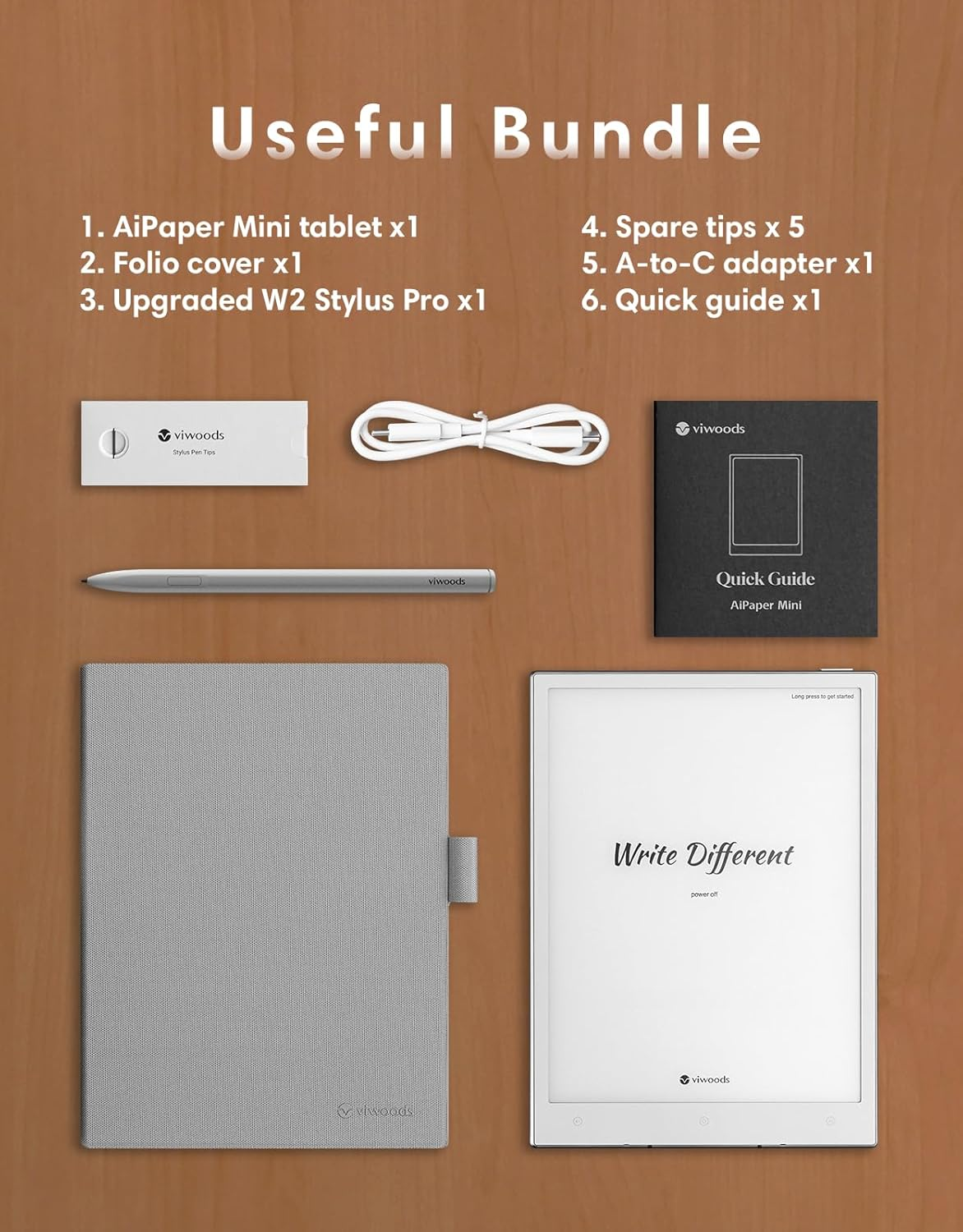 Bundle Viwoods: tablet, cover, stilo, cavo, adattatore e guida.