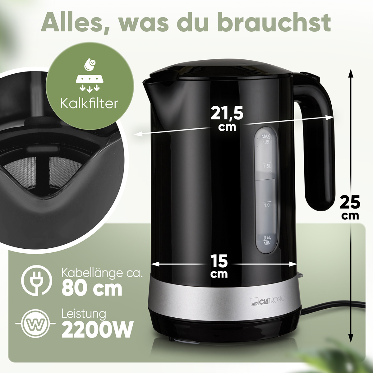 Schwarzer Wasserkocher mit Kalkfilter, 21,5x15x25 cm, 1,8L Kapazität.