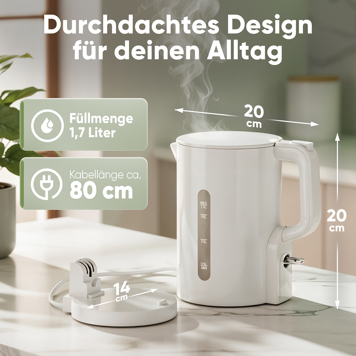 Weißer Wasserkocher mit 1,7L Kapazität und 80cm Kabellänge.