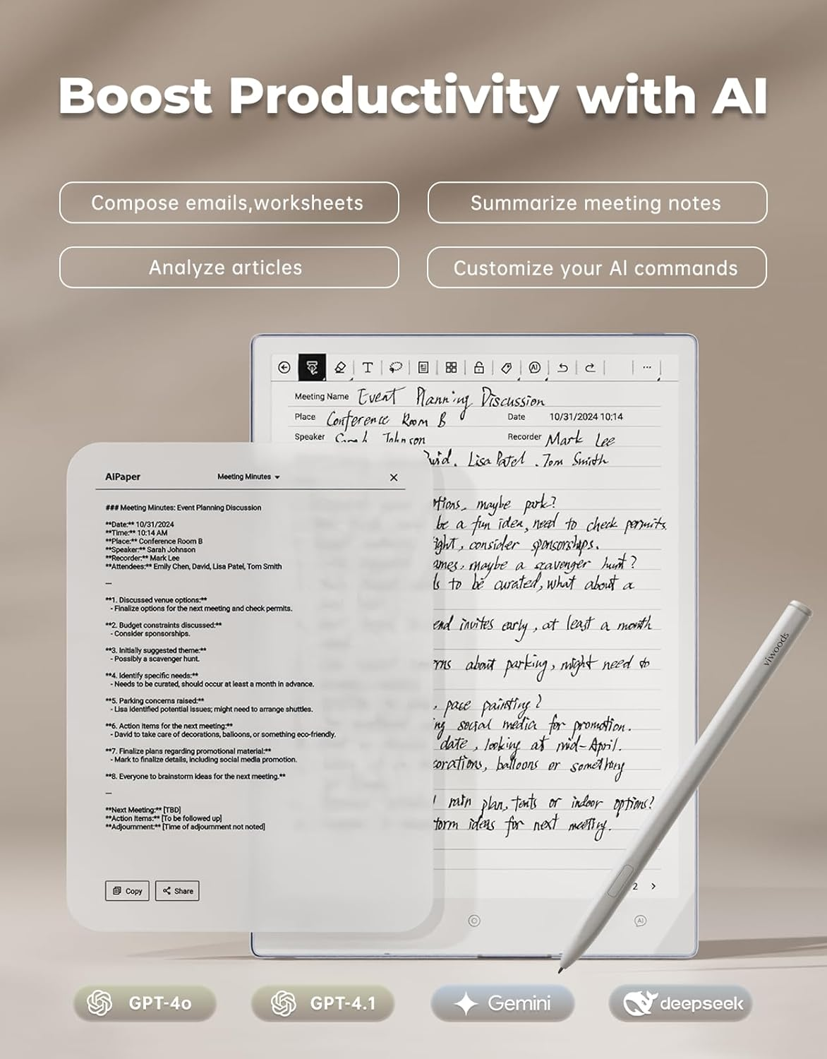Un tablet mostra appunti di riunione IA, con una penna stilografica accanto.