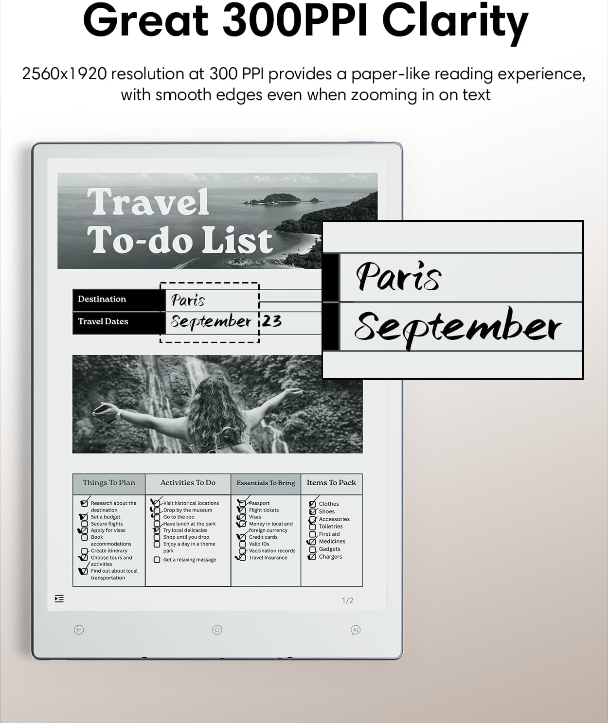 E-reader visualizza una lista di cose da fare per un viaggio a Parigi a settembre.