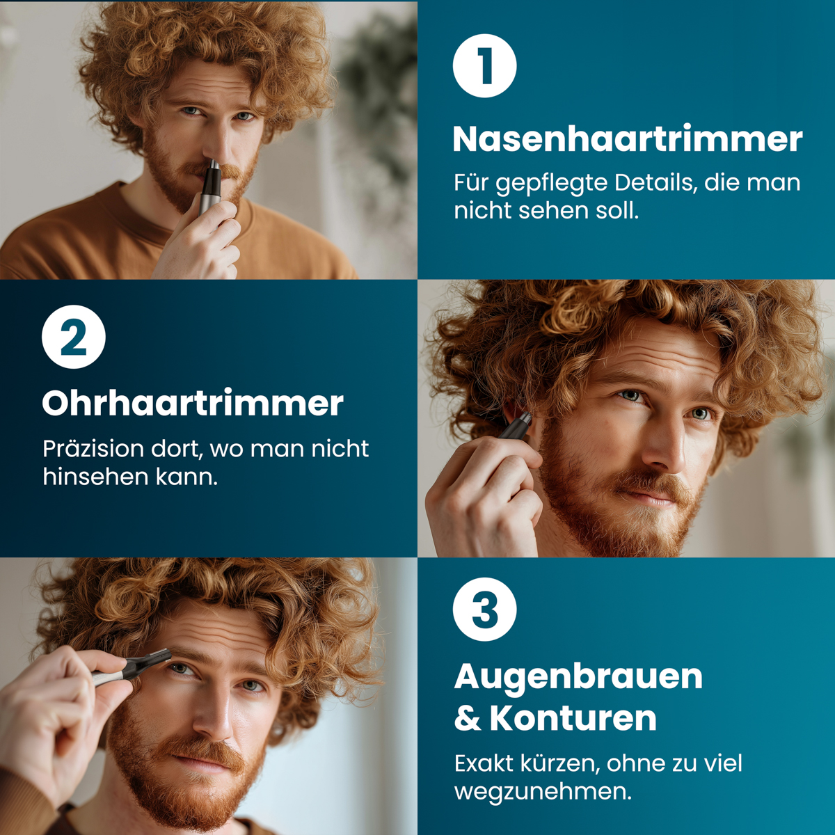 Mann benutzt Trimmer für Nase, Ohr und Augenbrauen.