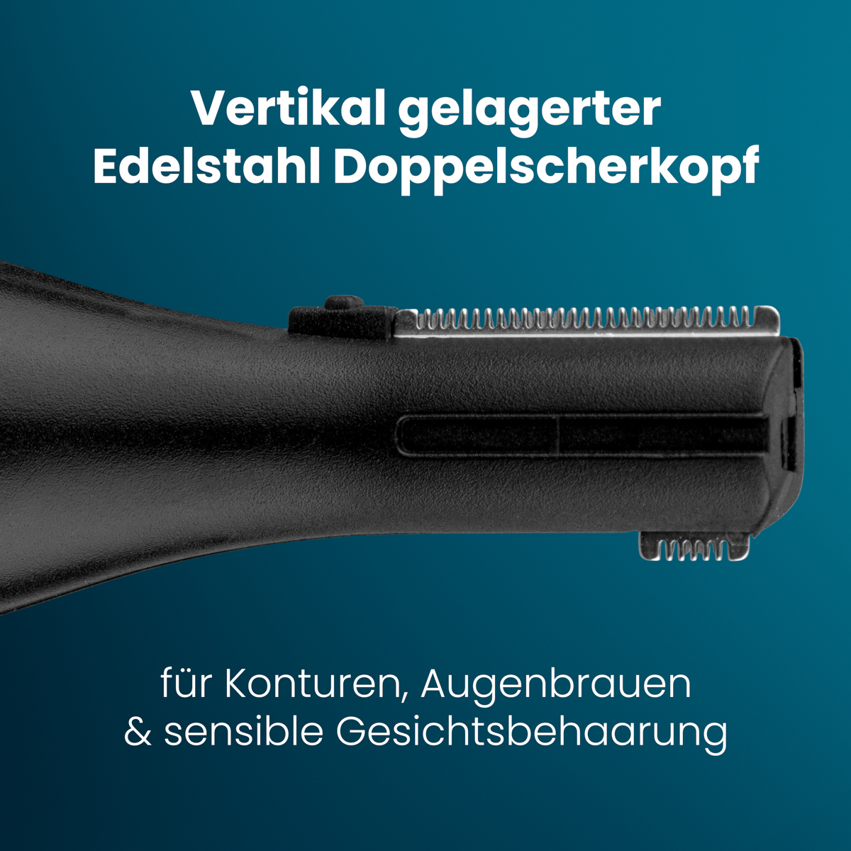 Nahaufnahme eines schwarzen Trimmers mit Edelstahlklinge. Dunkelblauer Hintergrund.