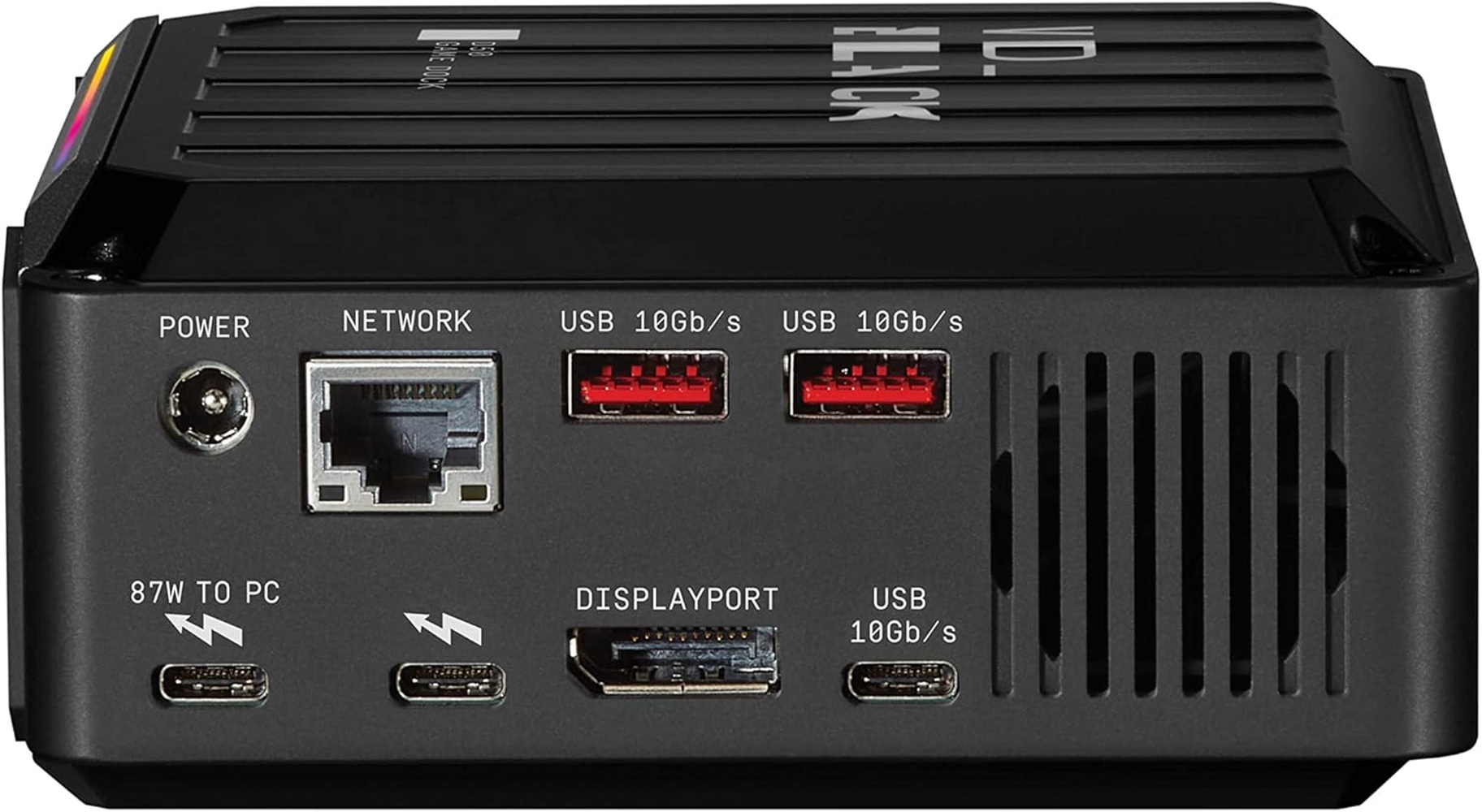 Schwarzes Gehäuse mit Anschlüssen: Strom, Netzwerk, USB, DisplayPort.