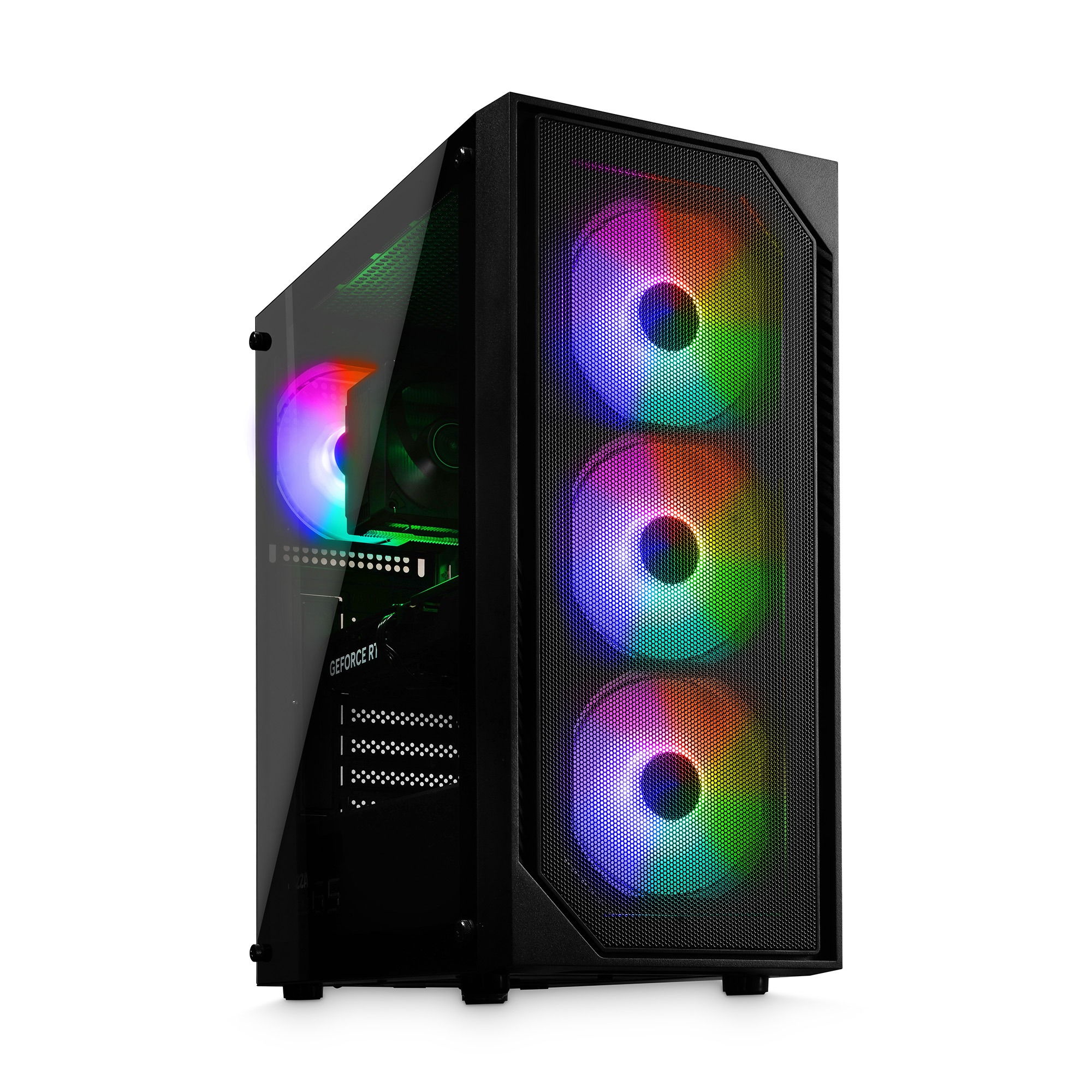 Schwarzer Gaming-PC mit Glasfenster und RGB-Lüftern