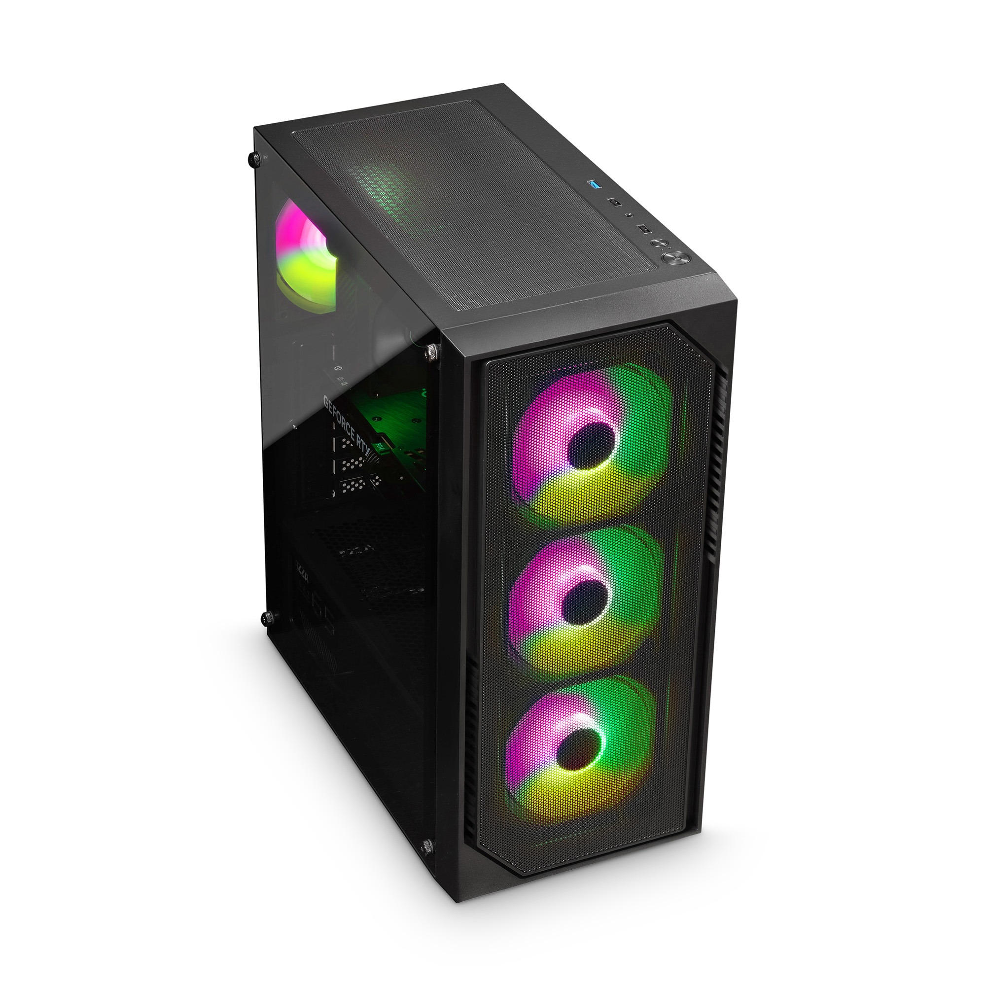 Schwarzes PC-Gehäuse mit drei beleuchteten Lüftern vorne und einem Lüfter mit RGB-Licht an der Seite.