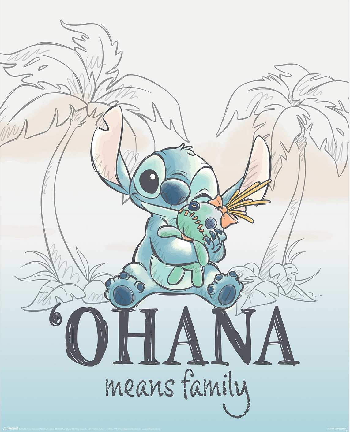 Stitch hält eine grüne Puppe vor Palmen und der Aufschrift 'Ohana bedeutet Familie'.