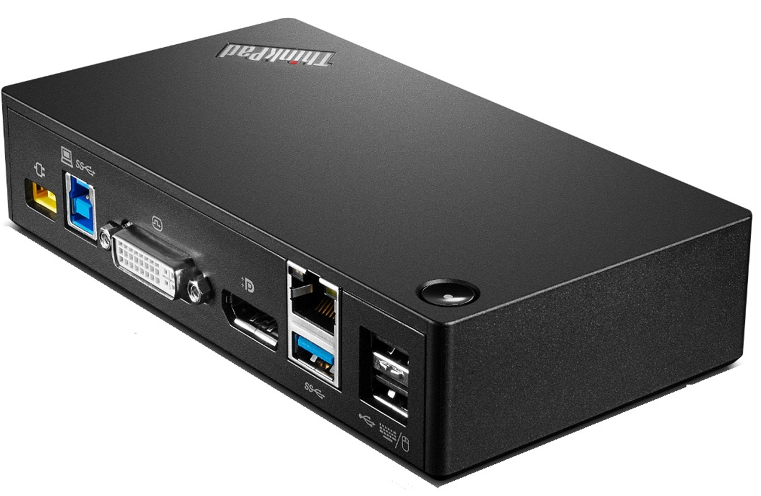 Schwarzes Dock mit Anschlüssen: USB, DVI, HDMI, LAN und USB.