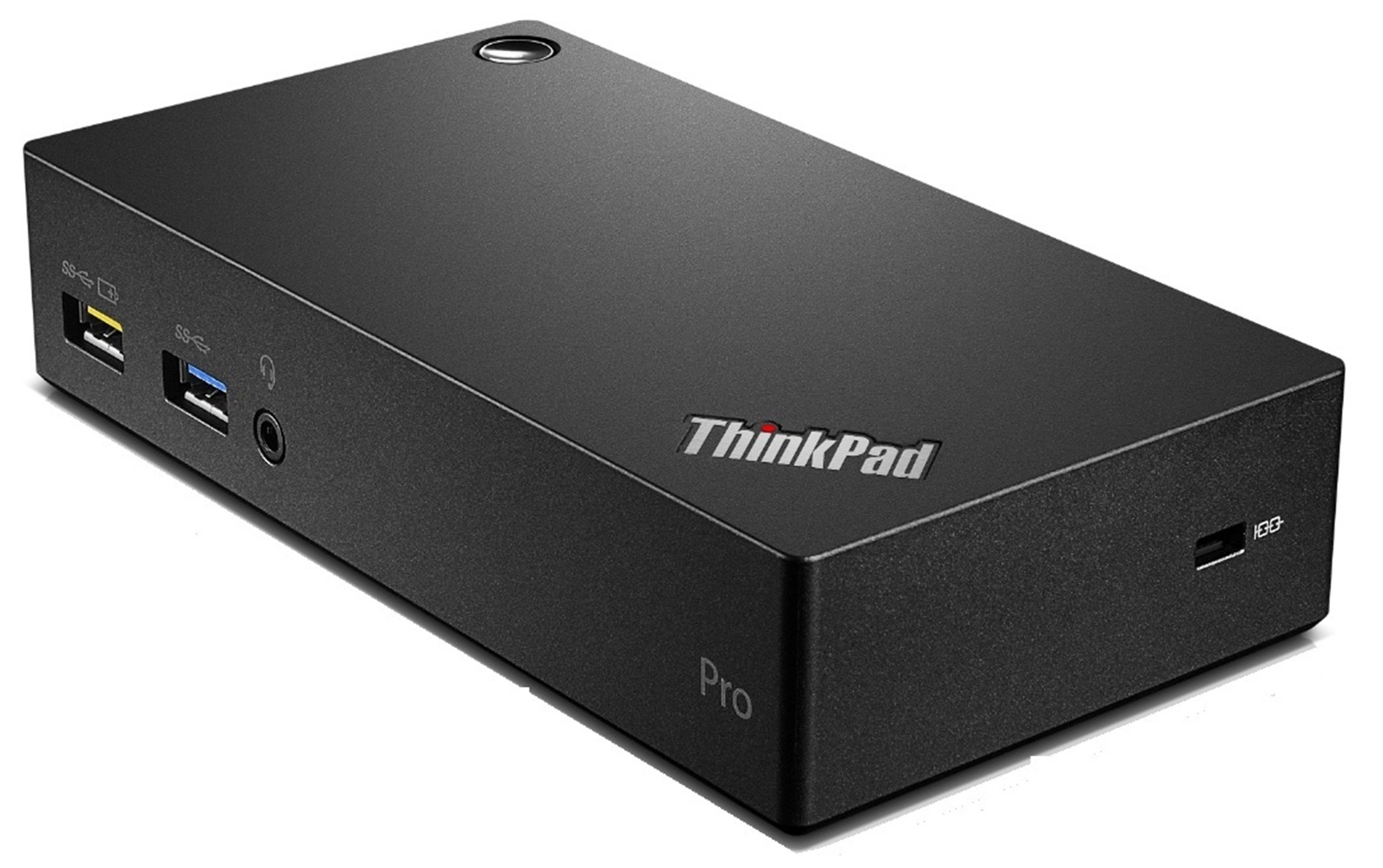 Schwarzer ThinkPad Pro Dockingstation mit USB-Ports und Audiobuchse.