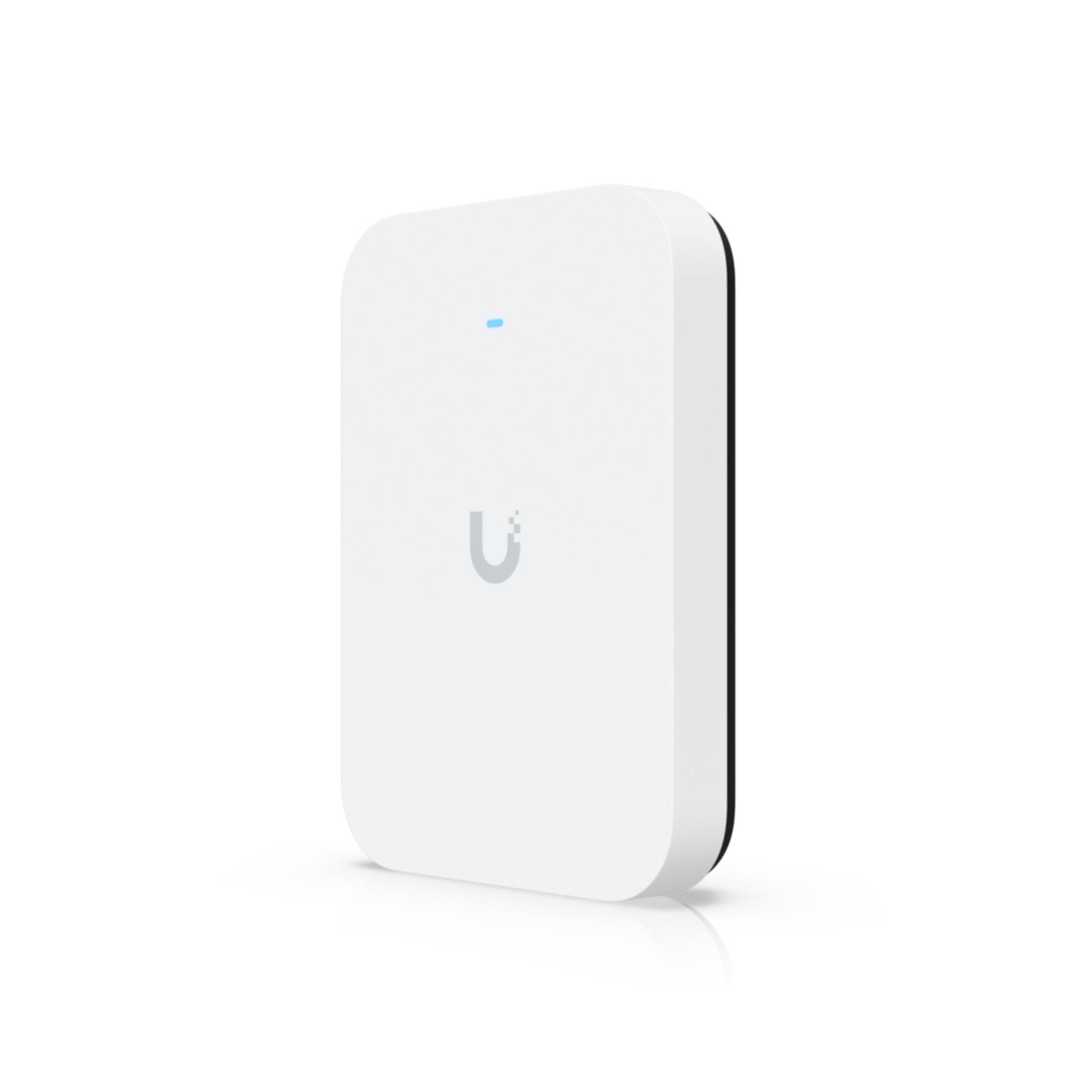 Ein weißes Ubiquiti-Gerät mit einem blauen Licht und dem U-Logo.