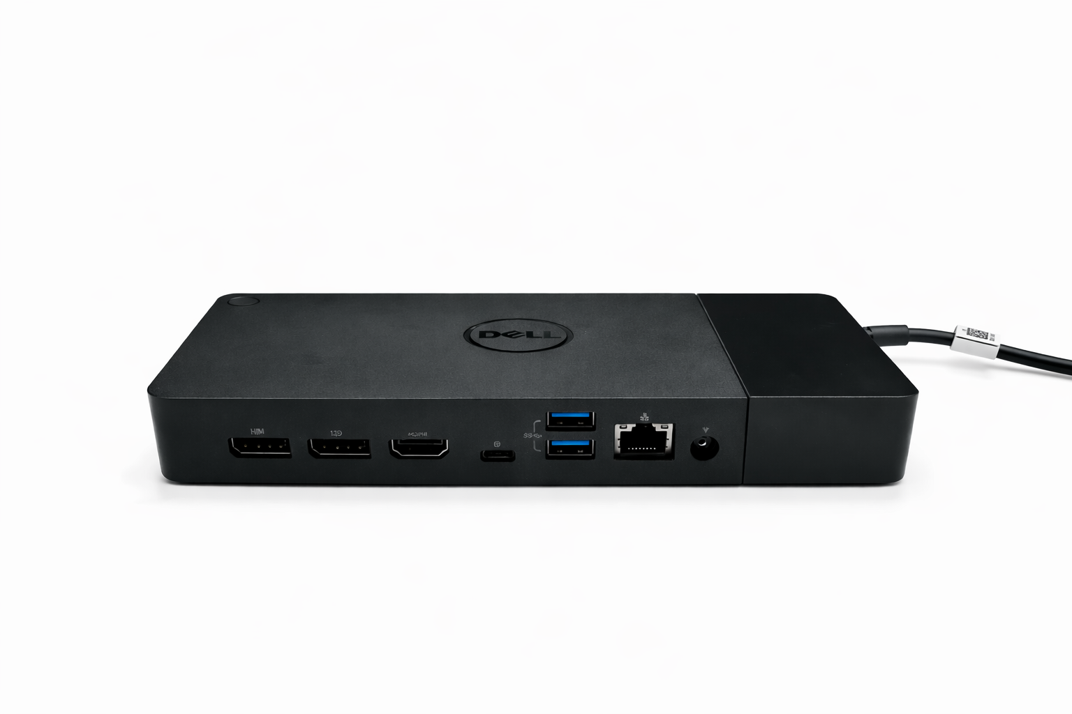 Schwarzer Dell Dockingstation mit Anschlüssen: HDMI, USB-C, USB-A, Ethernet.