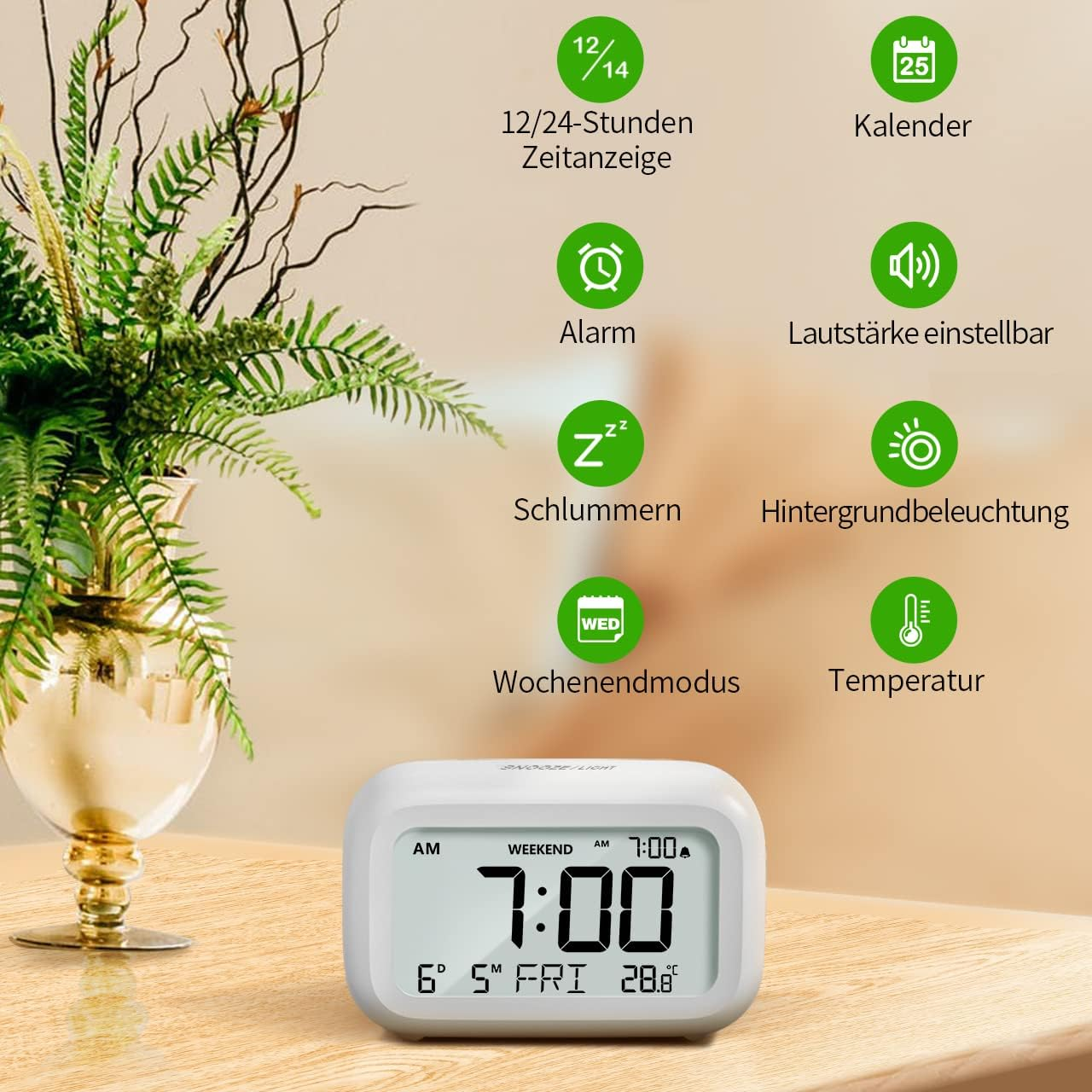 Cyfrowy budzik z kalendarzem, alarmem, drzemką, termometrem.