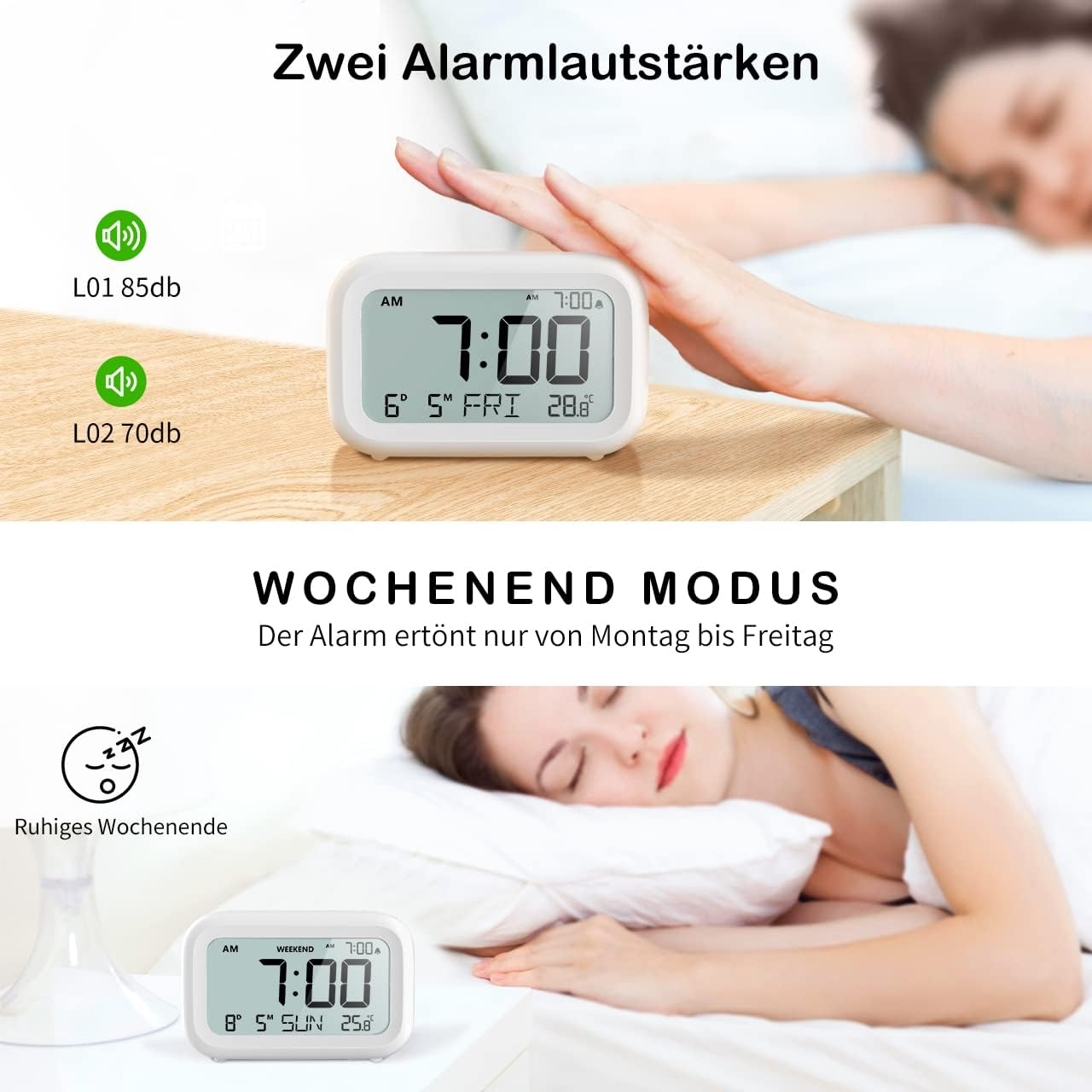 Cyfrowy budzik pokazuje 7:00; dwa poziomy głośności alarmu: 85db i 70db.