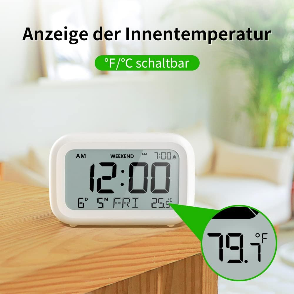 Zegar cyfrowy pokazuje 12:00 i 25.5°C. Wstawka pokazuje 79.1°F.