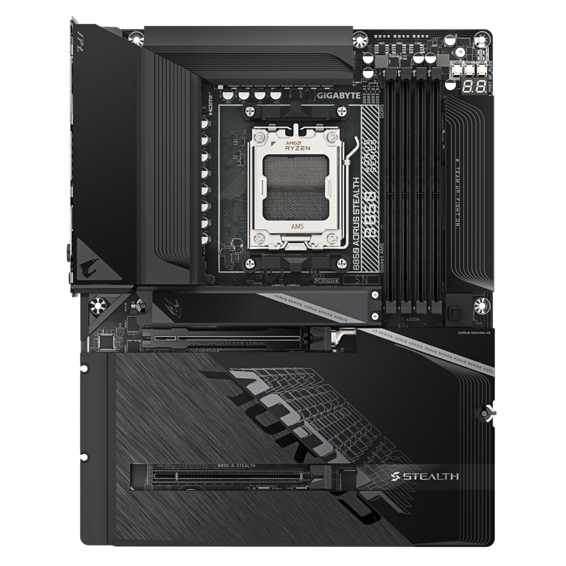 Zwart moederbord met AM5-socket, DDR5-sleuven en AORUS-branding.