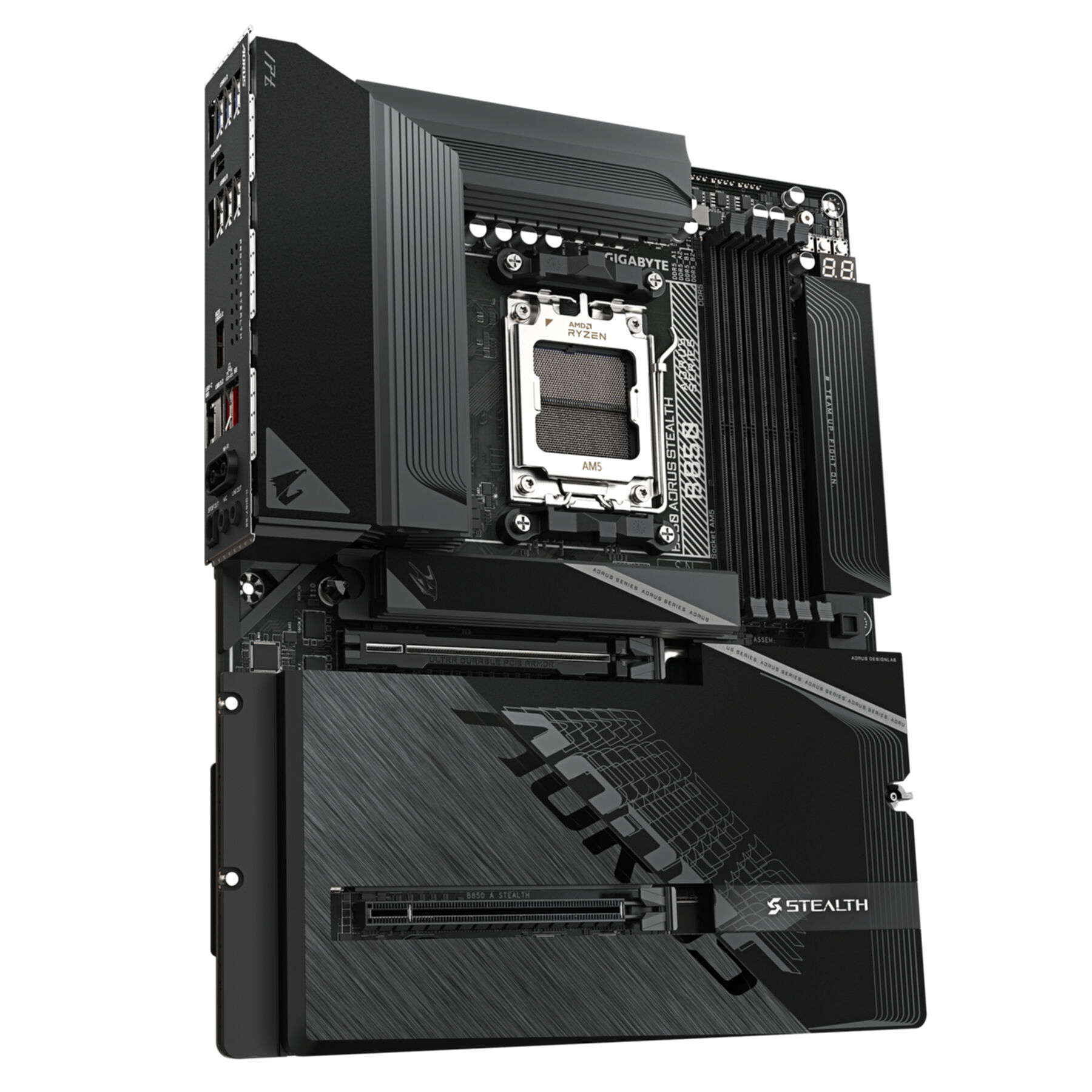Zwart AMD AM5 moederbord met CPU-socket, RAM-slots en koellichamen.