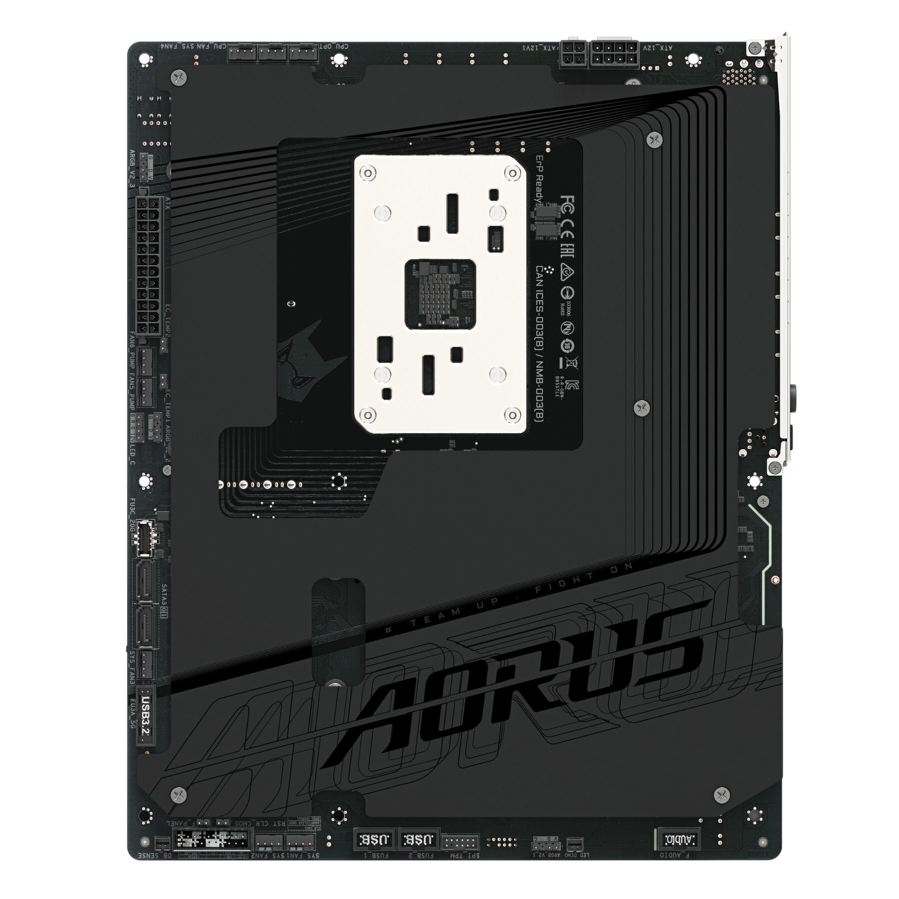 Achterkant van een zwart moederbord met connectoren en AORUS-logo.