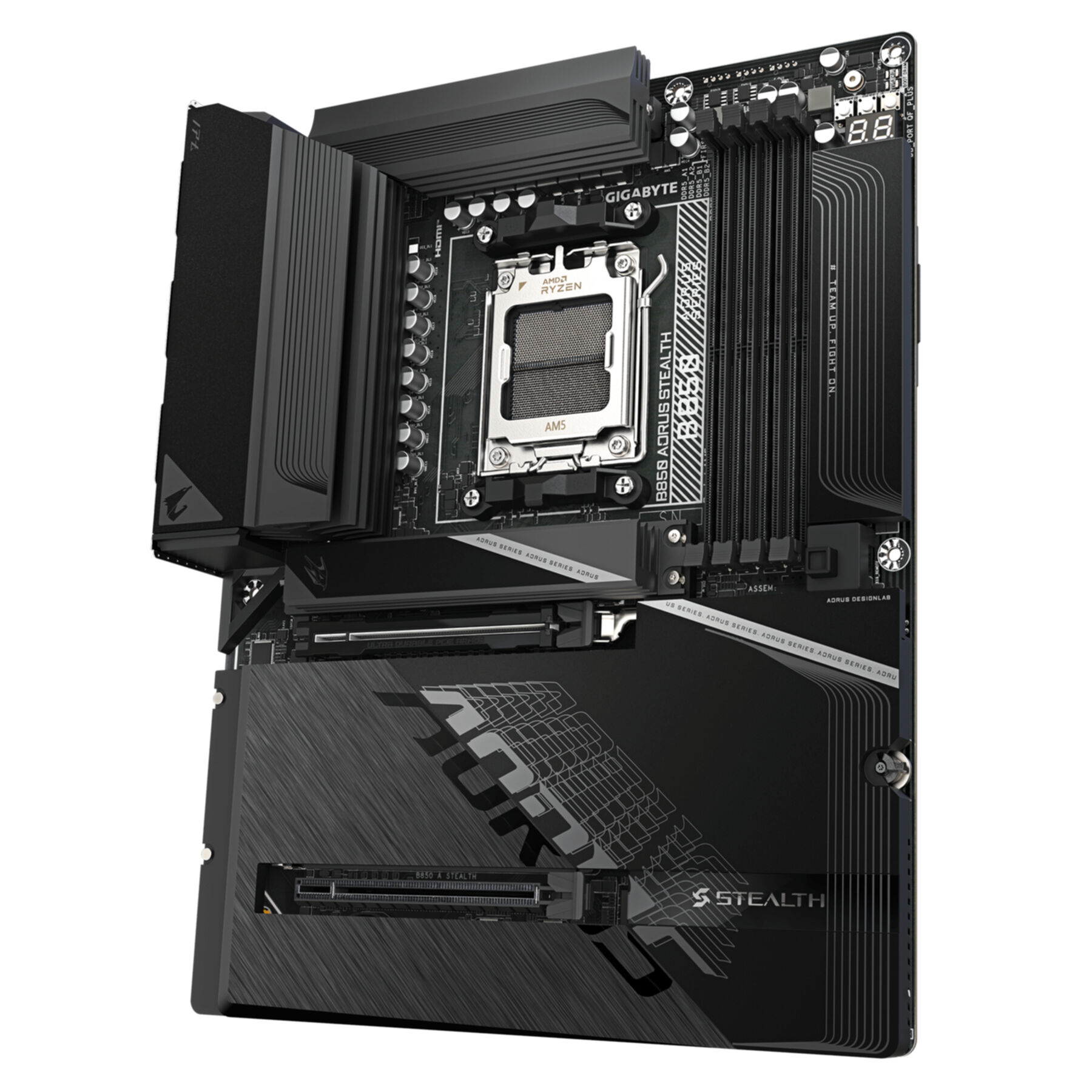 Zwart moederbord met Ryzen CPU-socket, RAM-slots en koellichamen.